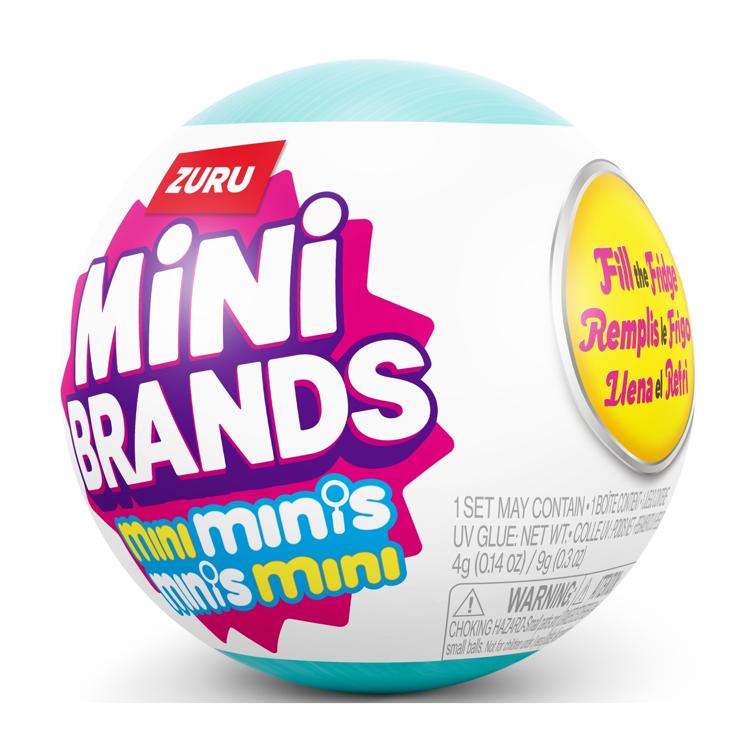 Confezione rotonda per Mini Brands con logo ZURU e testo di avvertenza.
