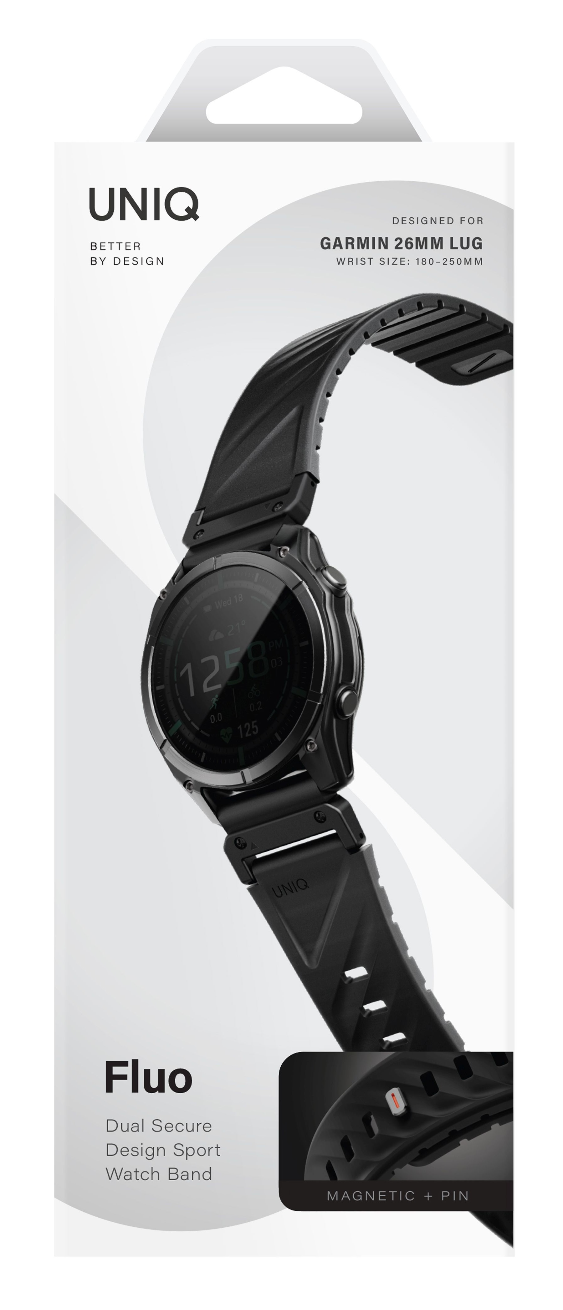 Czarny pasek UNIQ do smartwatcha Garmin, pokazujący czas i statystyki.