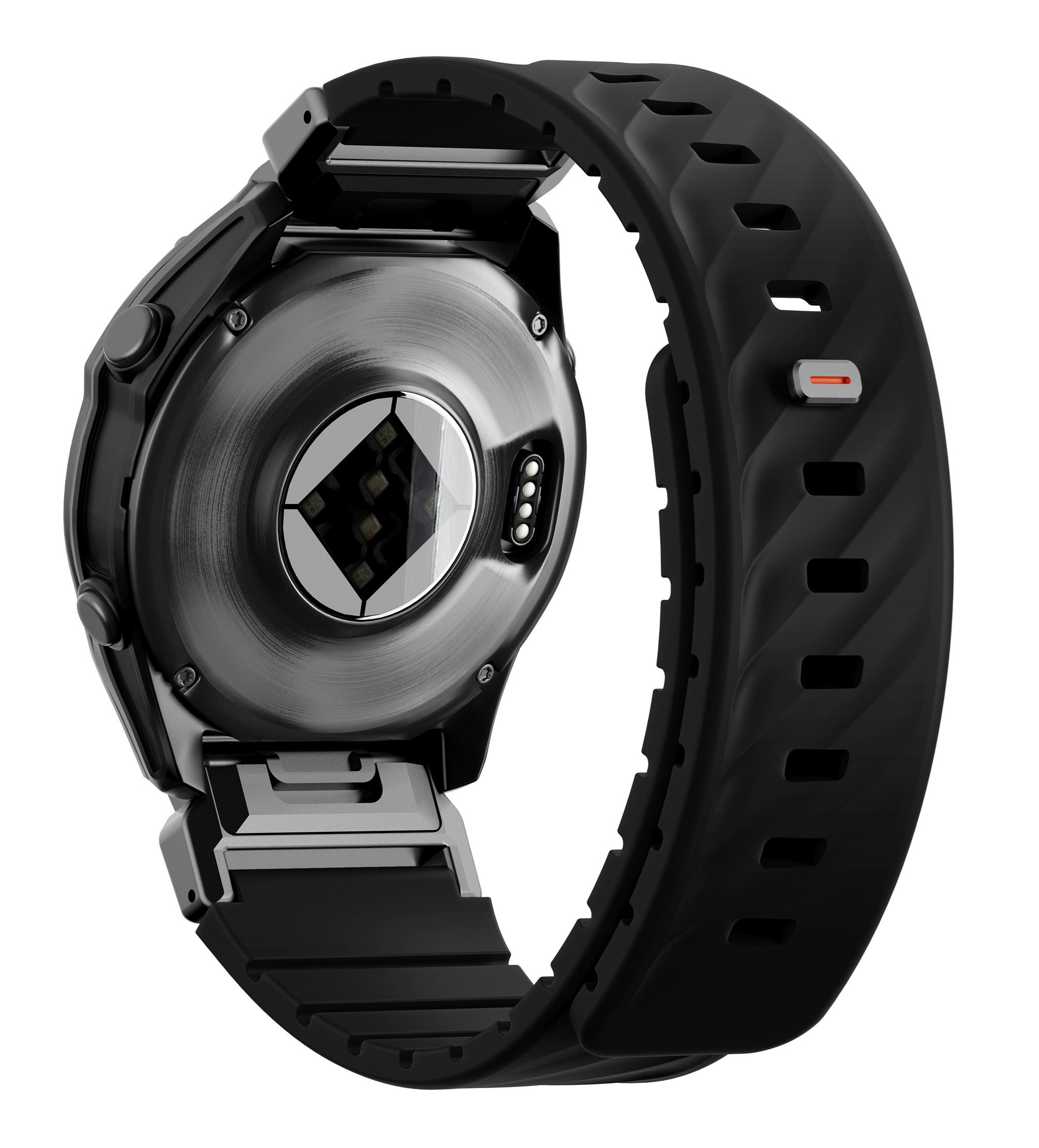 Tył czarnego smartwatcha z czujnikiem tętna i stykami ładowania.