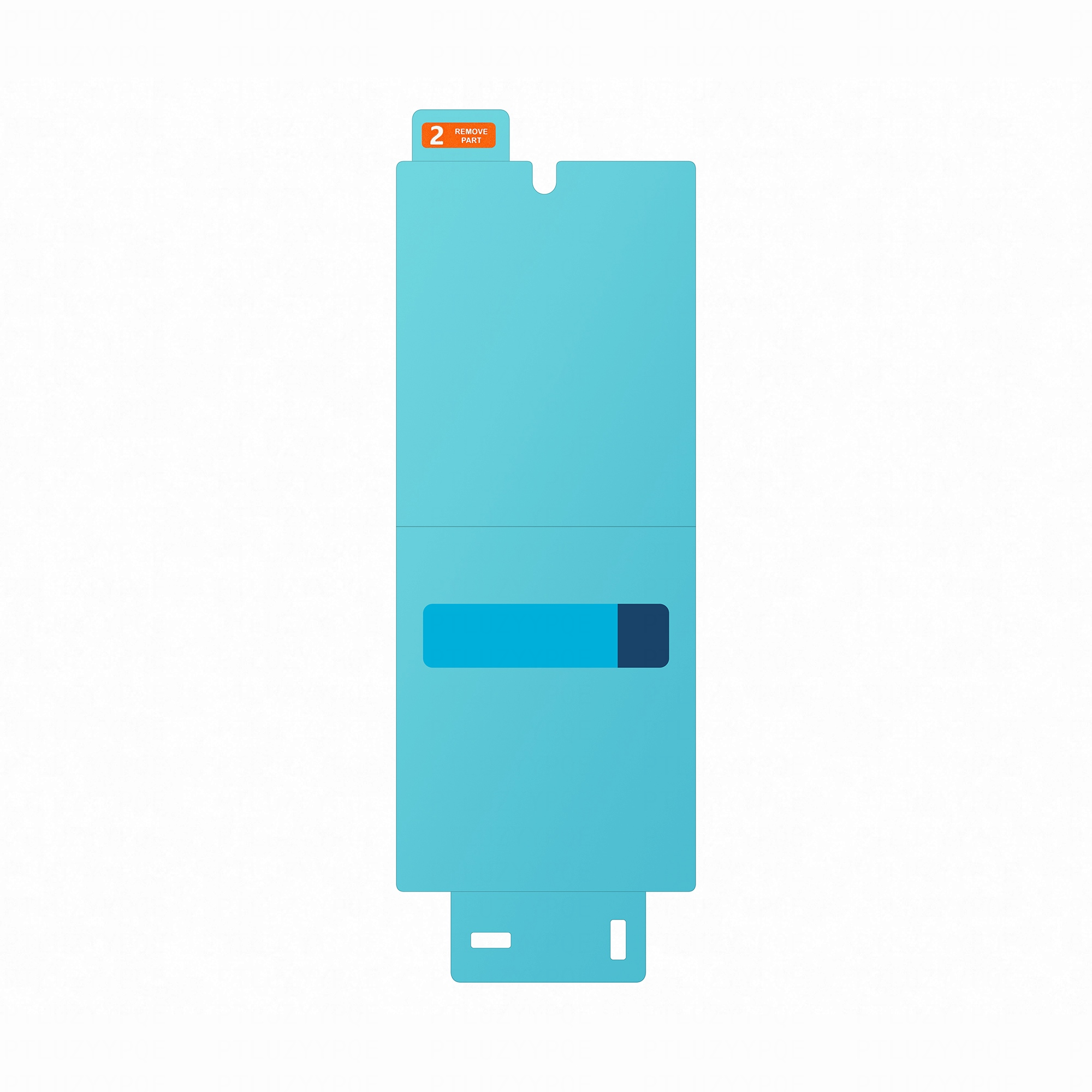 Niebieska folia ochronna z etykietą '2 REMOVE PART' i wycięciami.