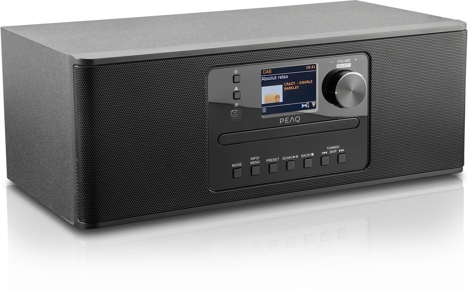 Czarny odbiornik radiowy DAB z wyświetlaczem, przyciskami i pokrętłem głośności.