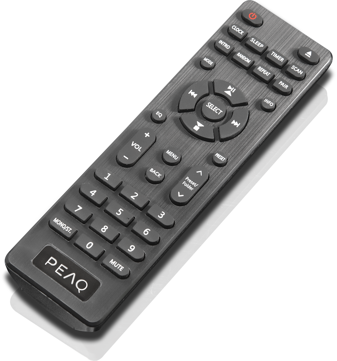 Szary pilot z przyciskami i etykietami, na czarnym tle.