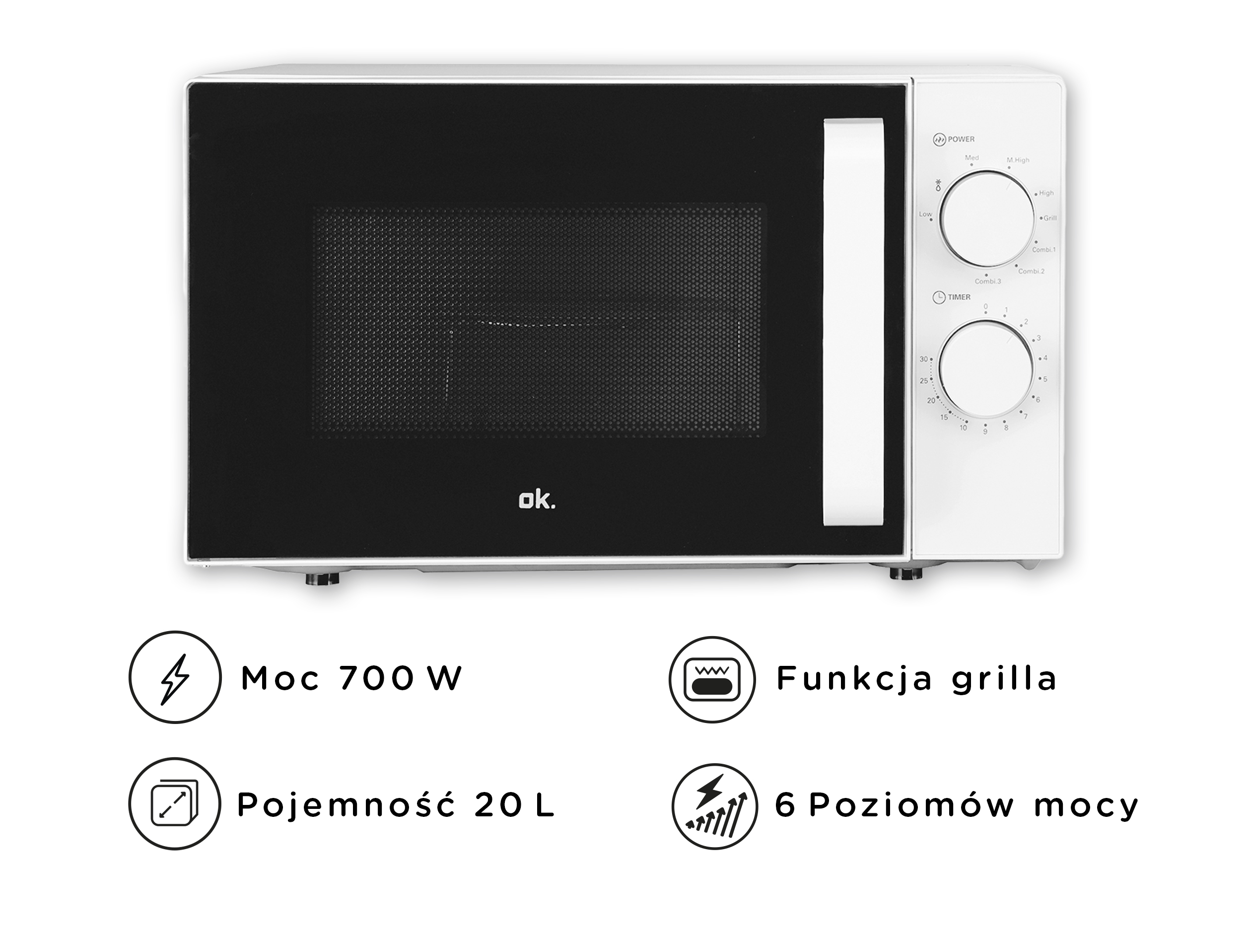 Biała mikrofalówka z czarnymi drzwiami i pokrętłami. 700W.