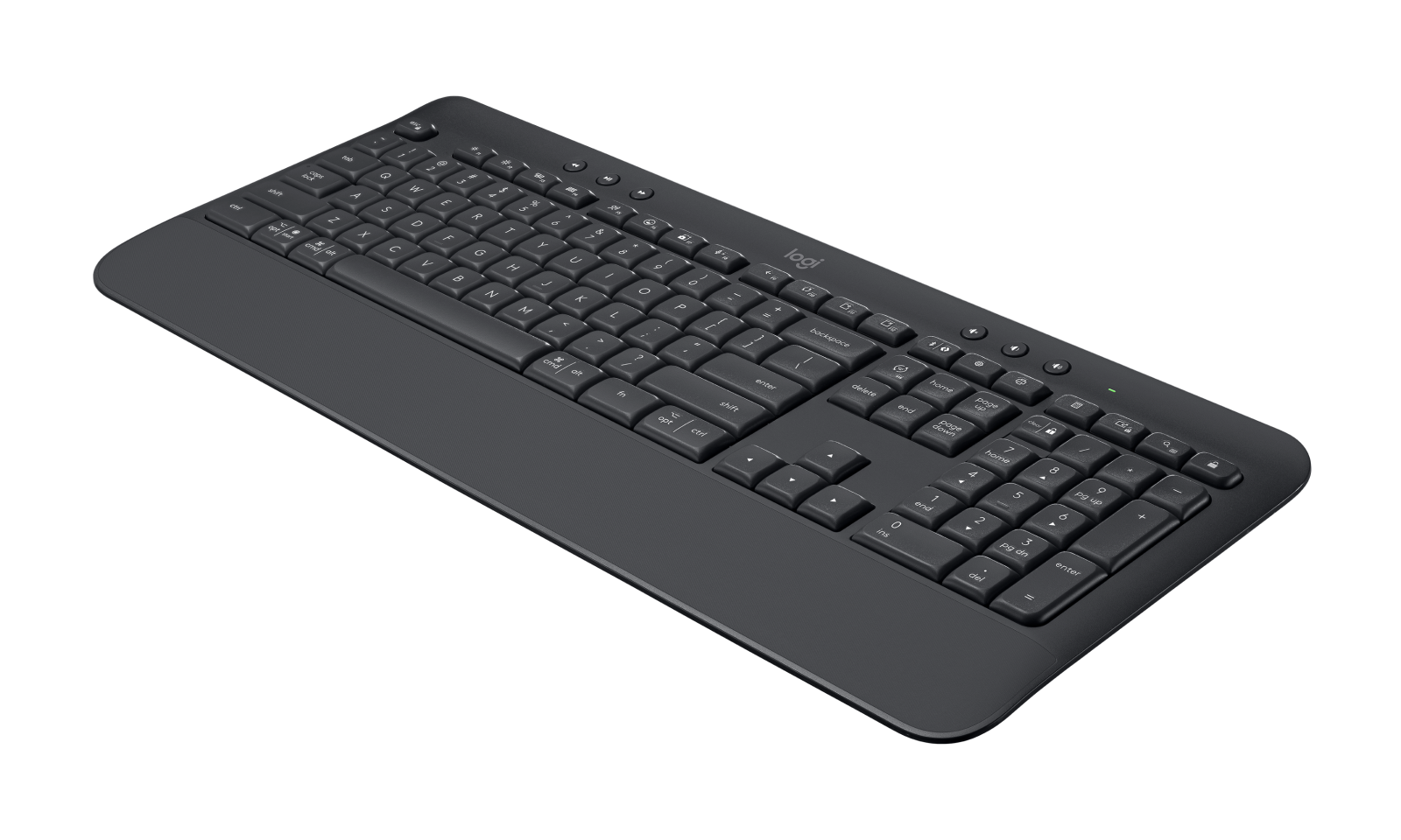 Ciemna, bezprzewodowa klawiatura na czarnym tle, z klawiaturą numeryczną i klawiszami funkcyjnymi.