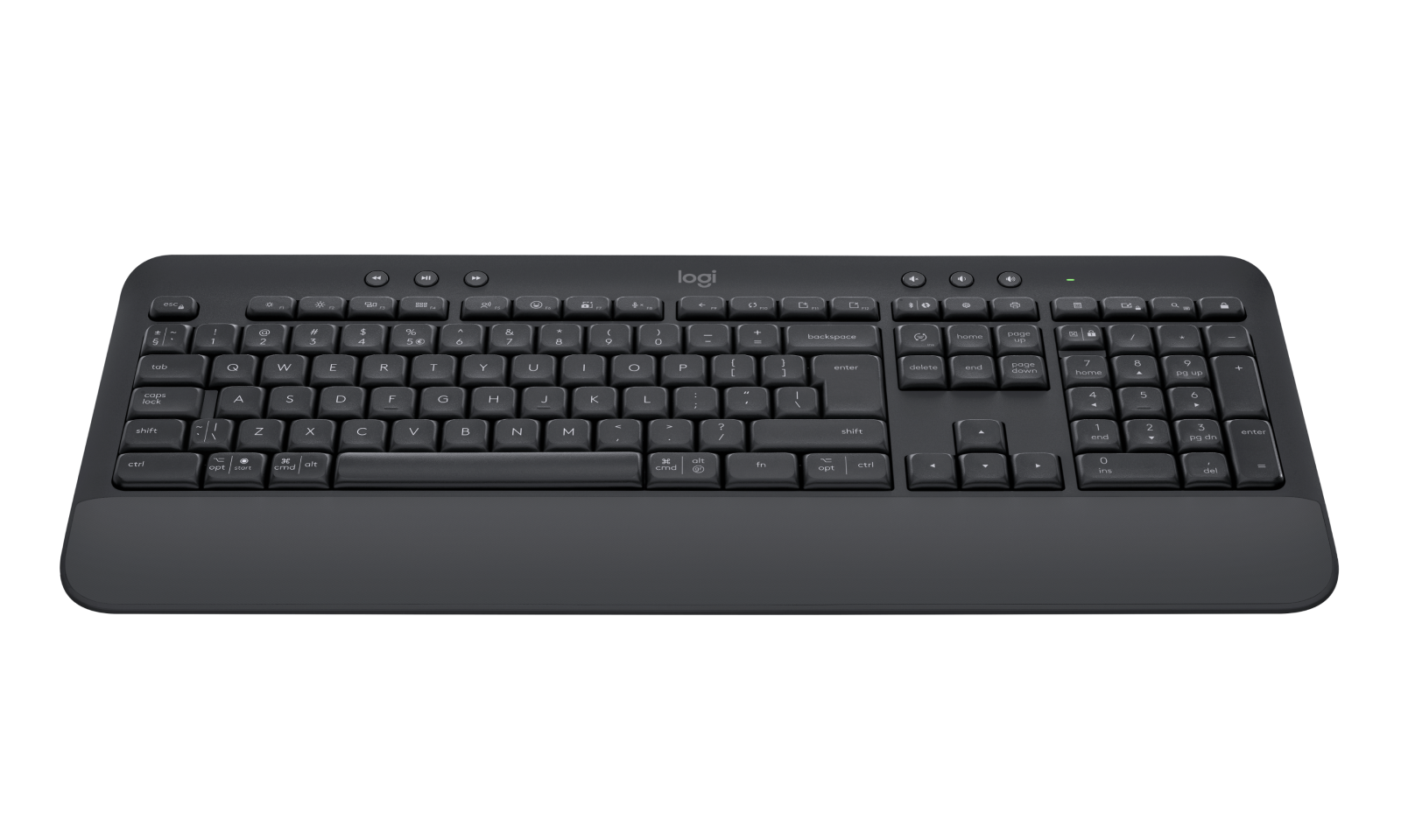 Ciemnoszara klawiatura Logitech z klawiaturą numeryczną i podpórką.