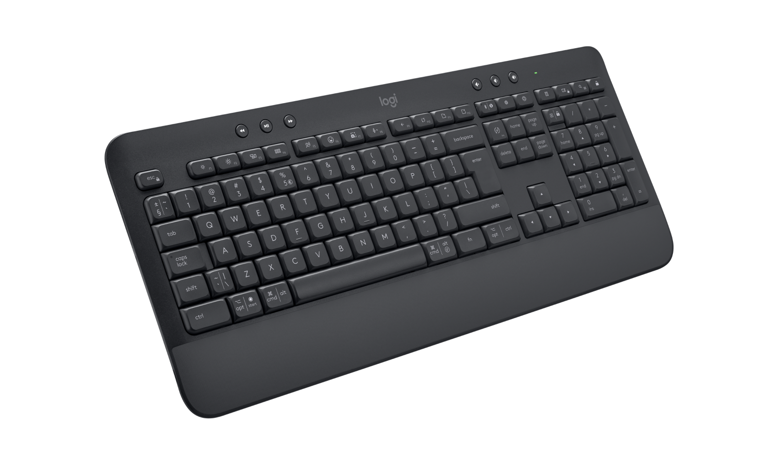 Ciemnoszara klawiatura Logitech z klawiaturą numeryczną i klawiszami multimedialnymi na czarnym tle.