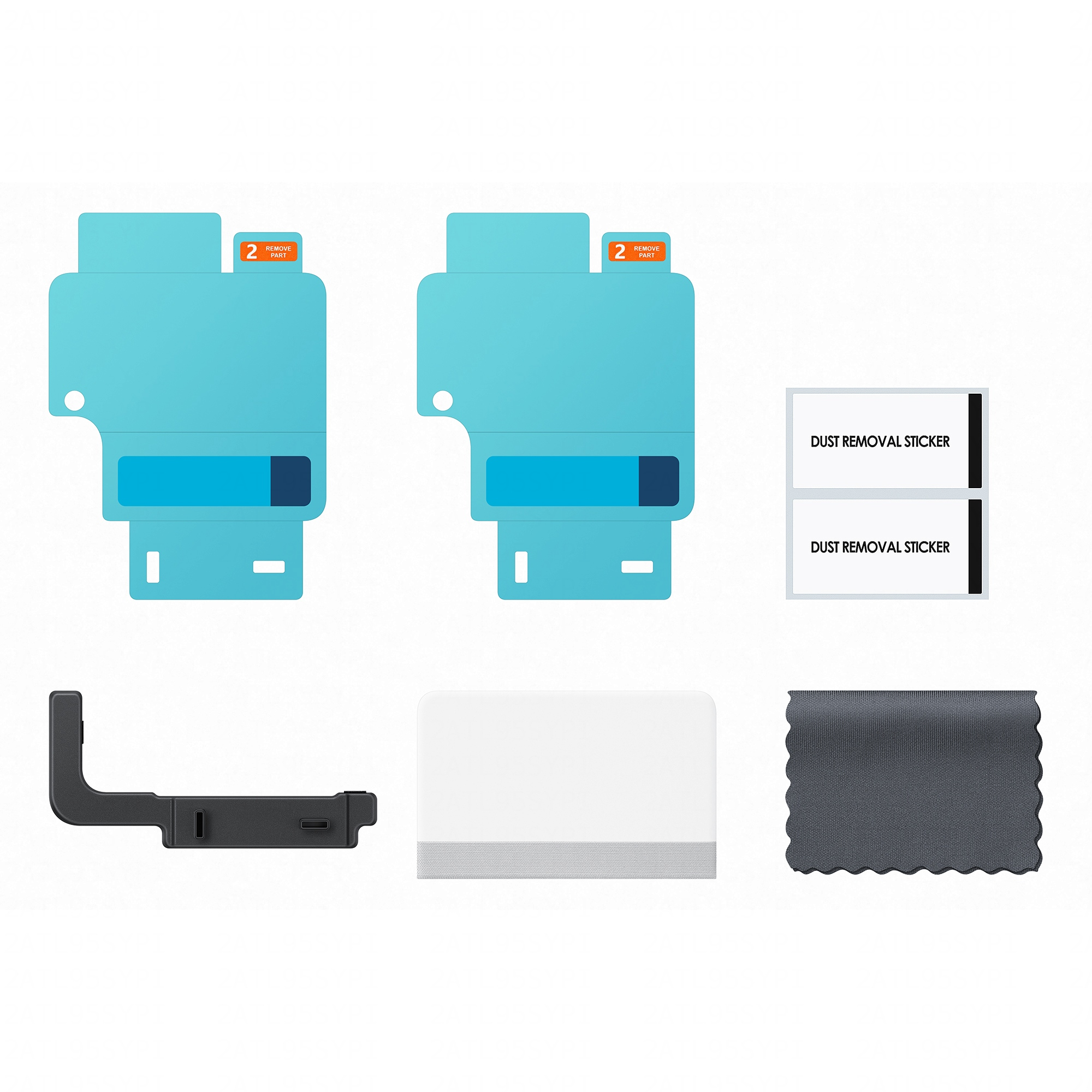 Dwa niebieskie ochraniacze ekranu, naklejki do usuwania kurzu, czarny wspornik, biała rakla.