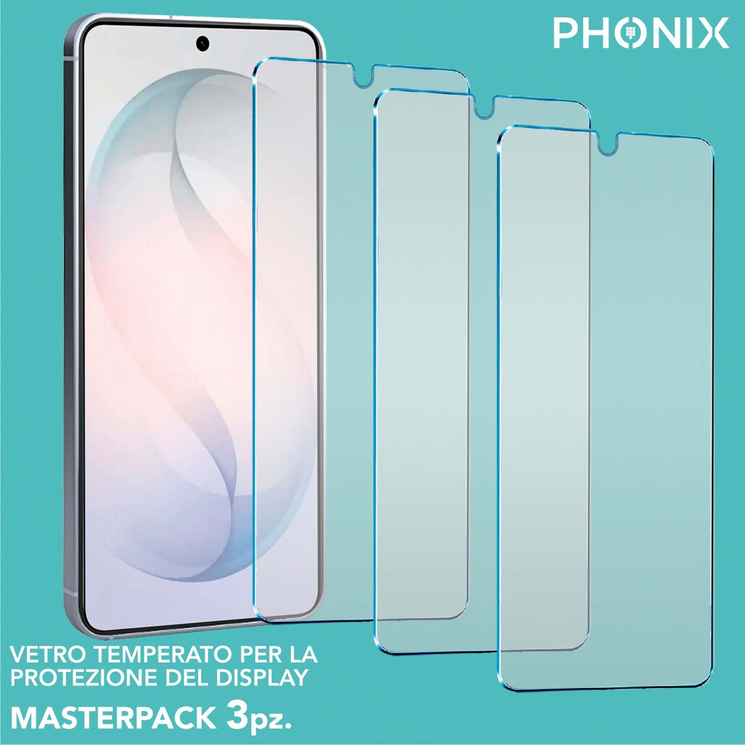 Un display per smartphone con tre protezioni schermo accanto.