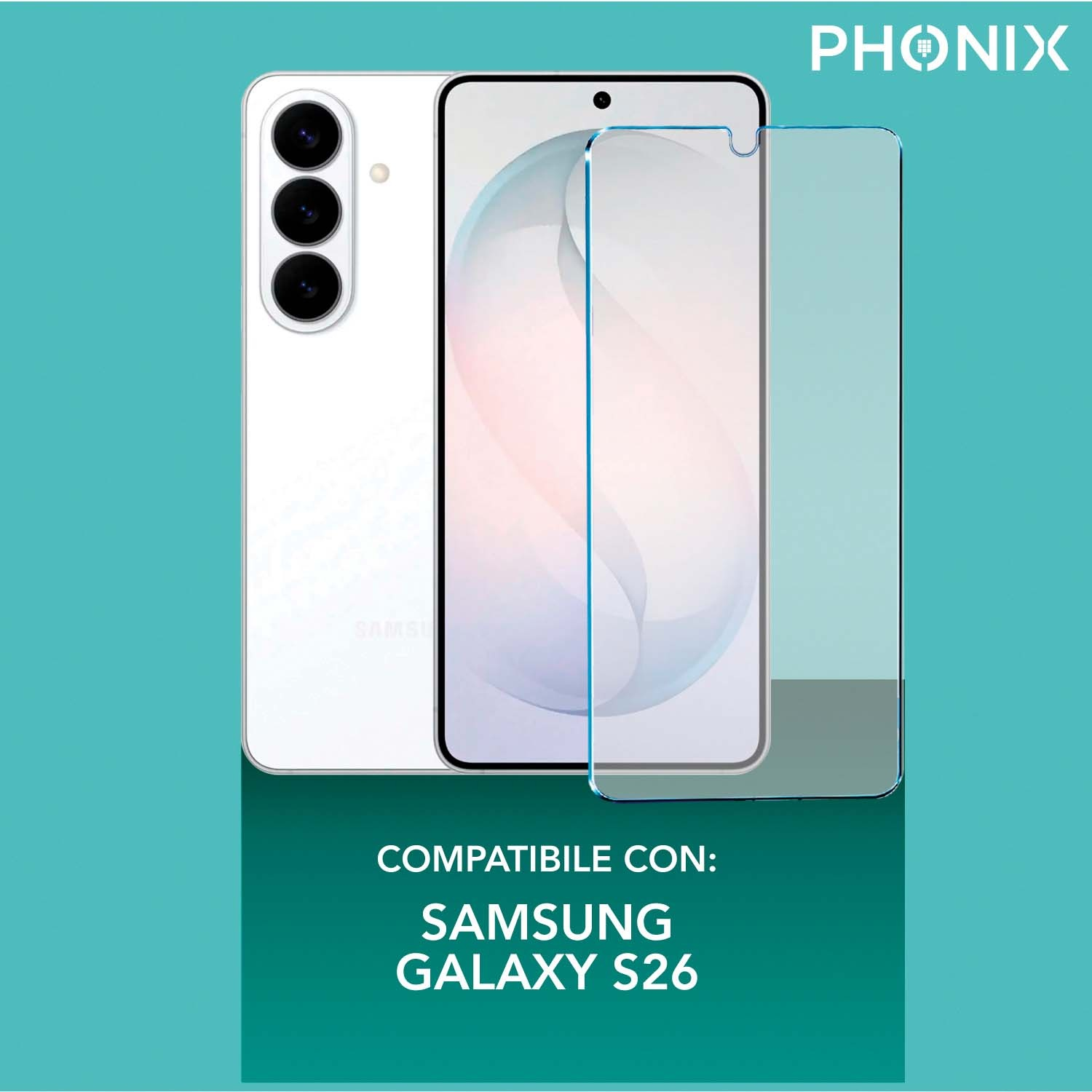 Smartphone bianco con tre fotocamere accanto a una protezione schermo in vetro.