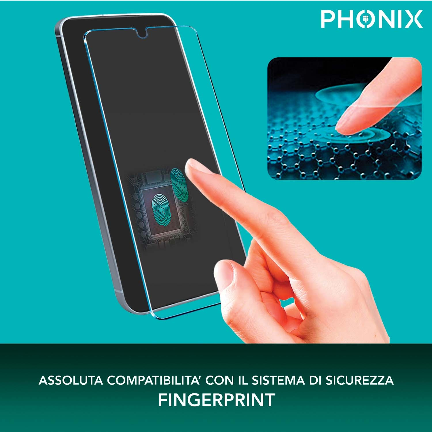 Protezione schermo smartphone con icona sensore impronte. Mano tocca schermo.
