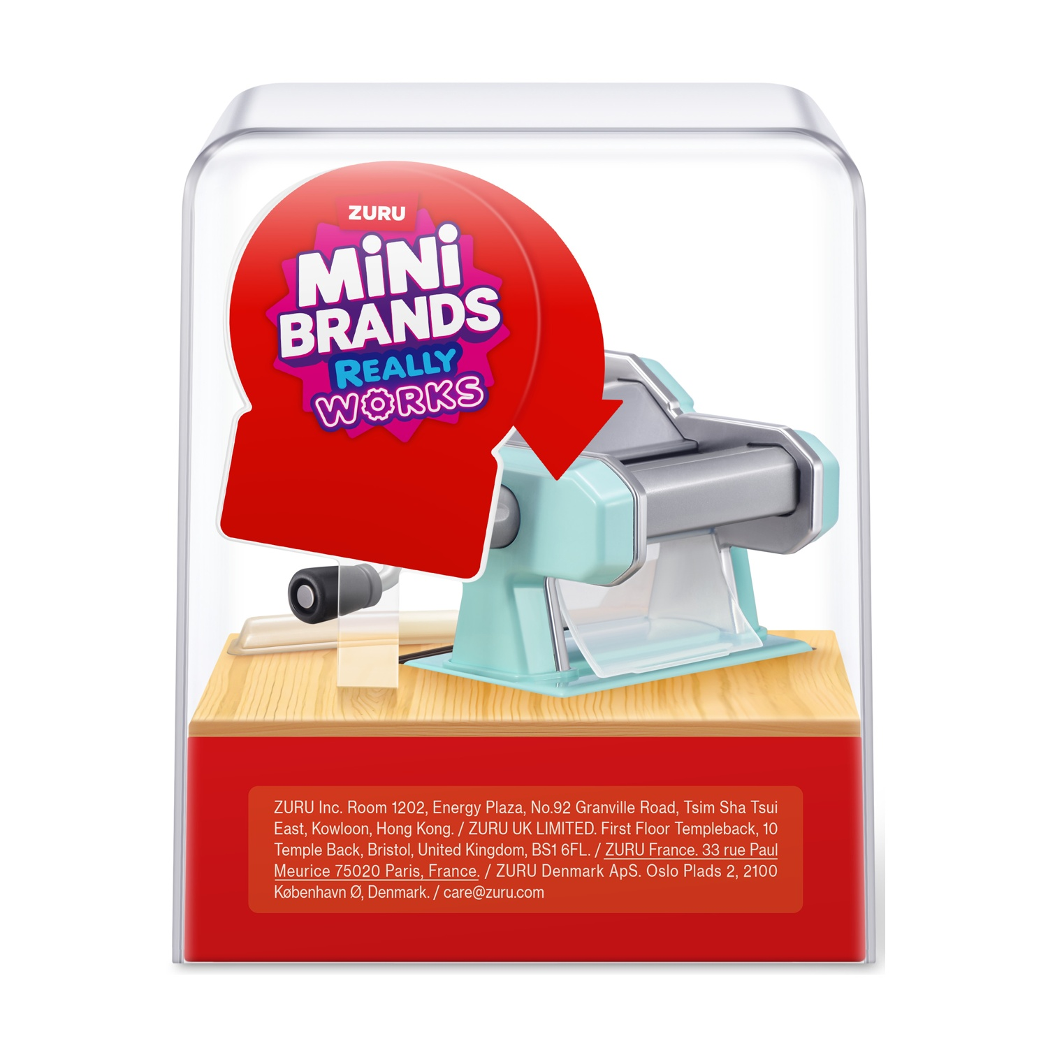 Macchina per la pasta giocattolo Mini Brands in confezione trasparente con logo rosso.
