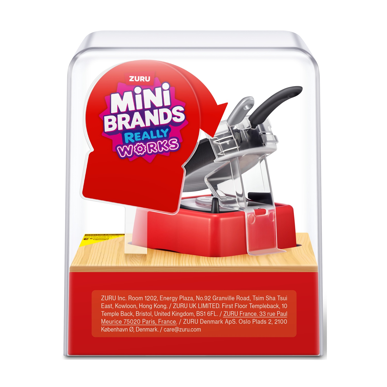 Affettatrice giocattolo Mini Brands con base rossa e freccia rossa.