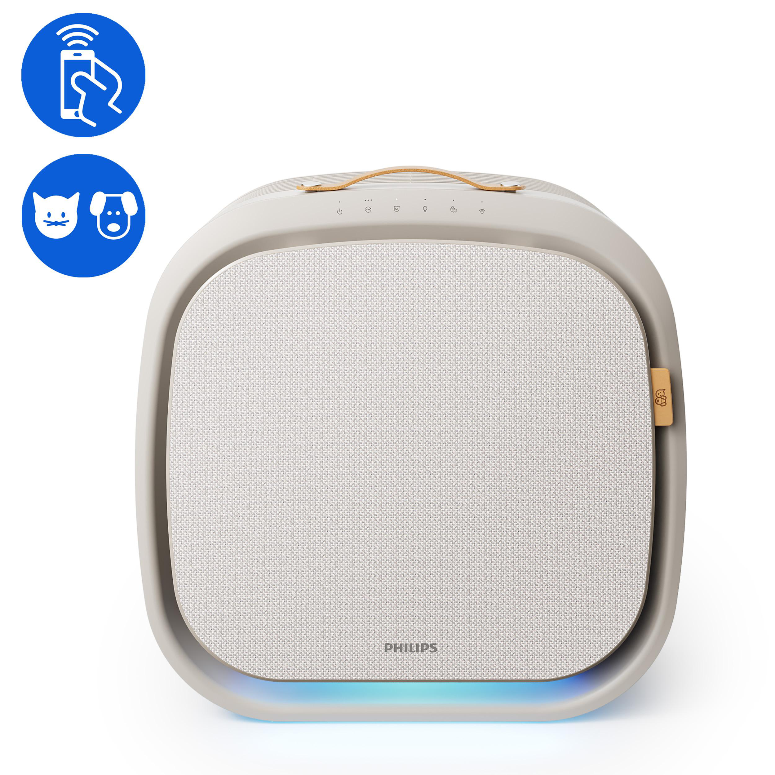 Ein weißer Philips Luftreiniger mit zwei blauen Symbolen: Handy-Steuerung und Haustier-Modus.
