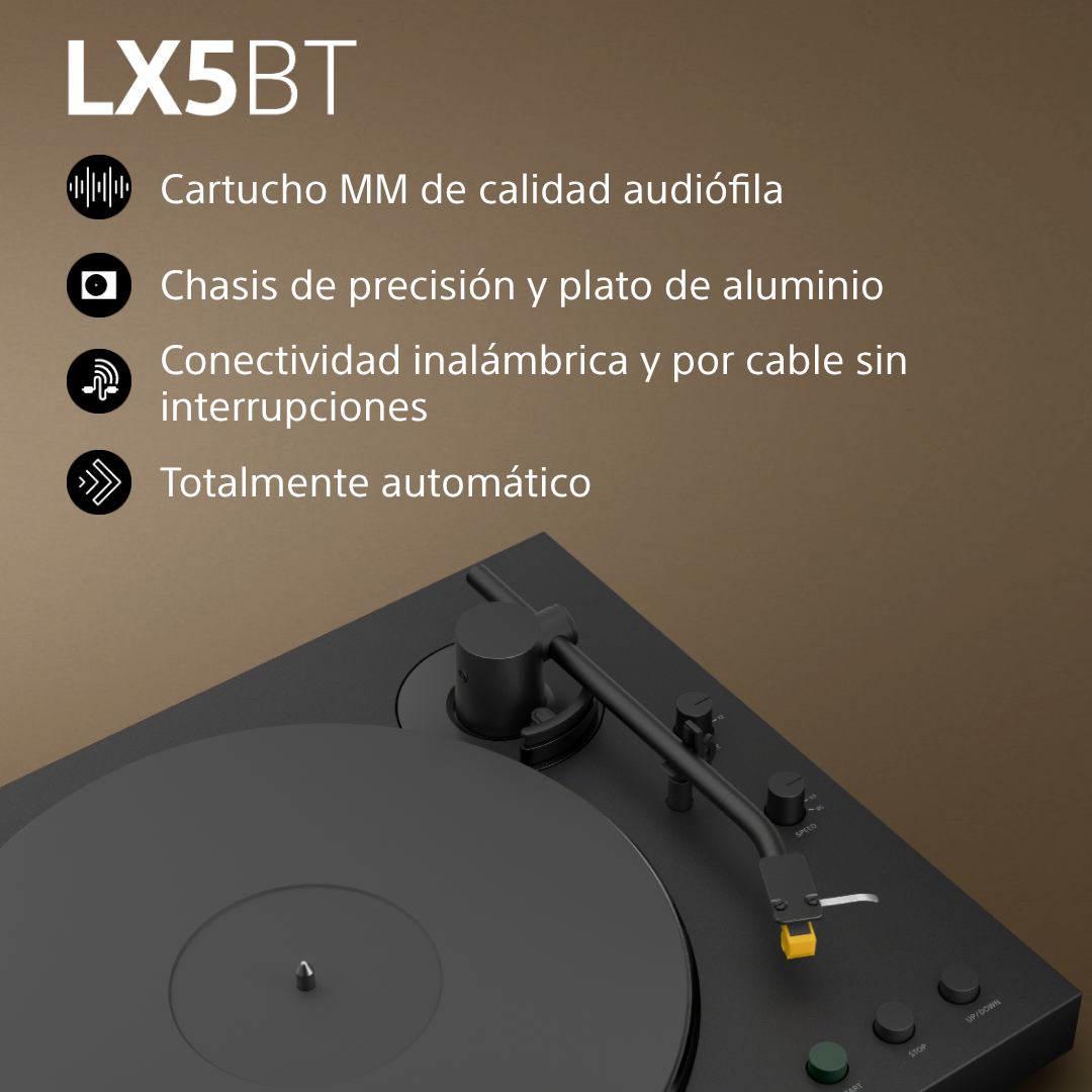 Cartucho MM de calidad audiófila, Chasis de precisión y plato de aluminio, Conectividad inalámbrica y por cable sin interrupciones y Totalmente automático.