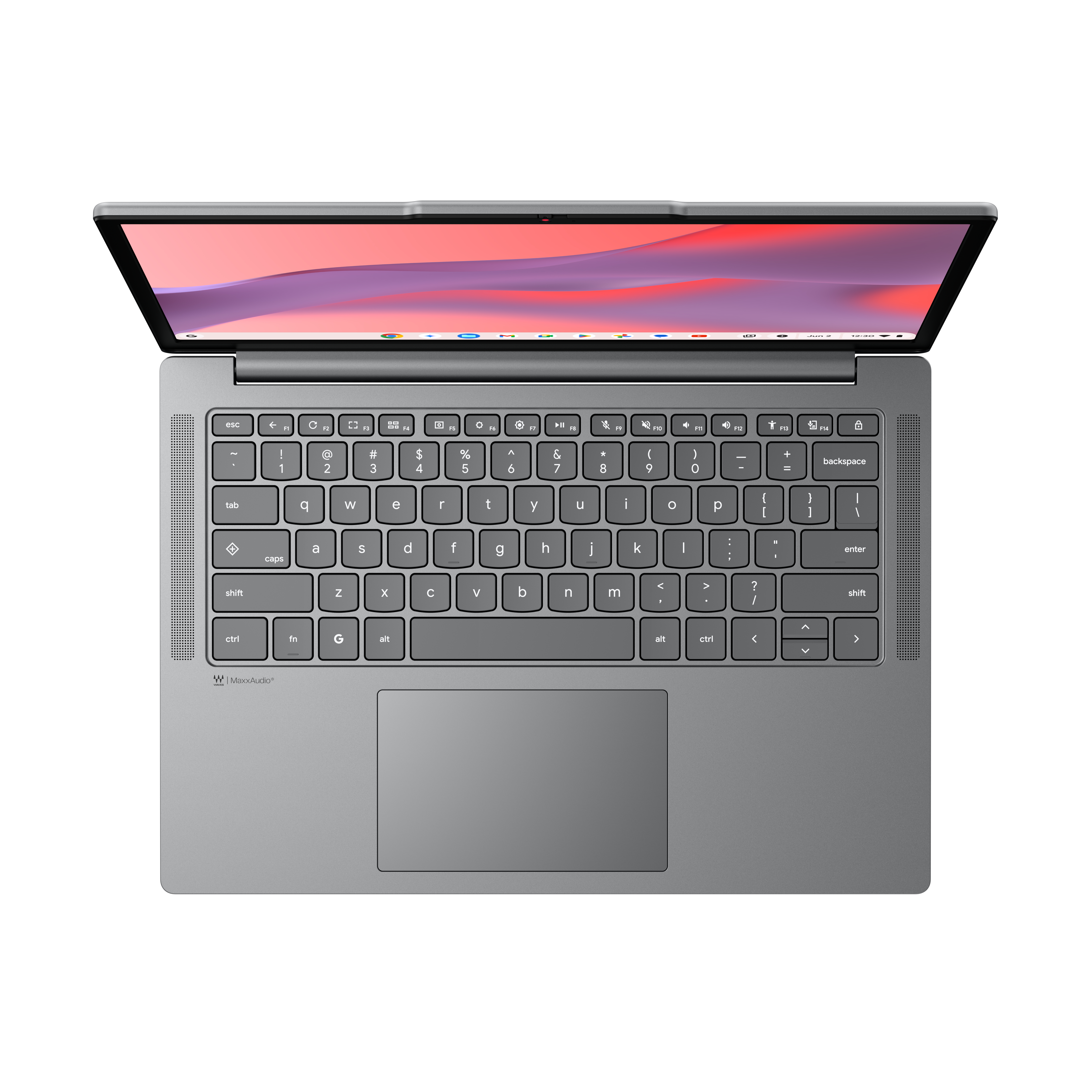 Ein silberner Laptop mit geöffnetem Bildschirm, der einen rosa und violetten Hintergrund zeigt.