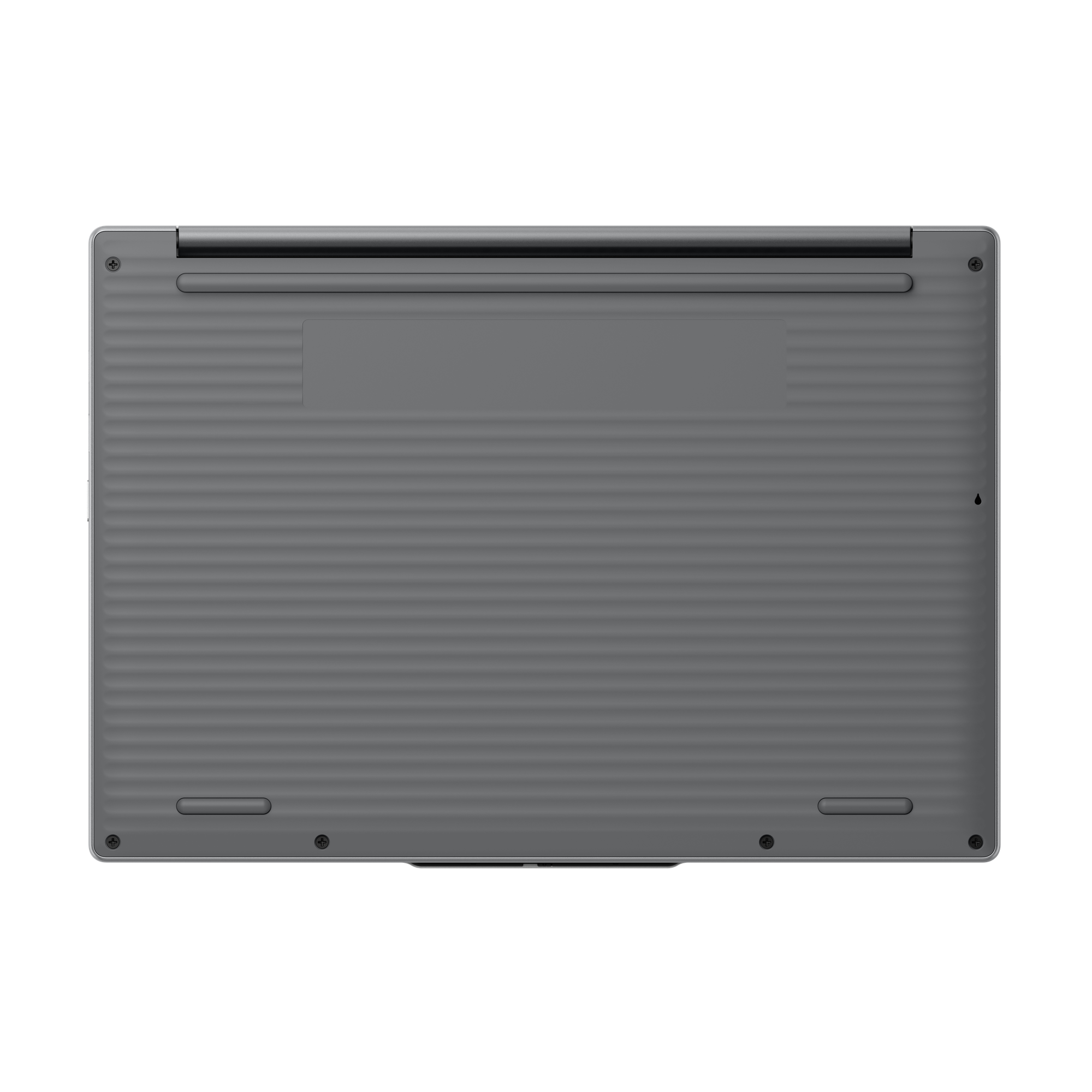 Unterseite eines grauen Laptops mit gerillter Textur und Schrauben.