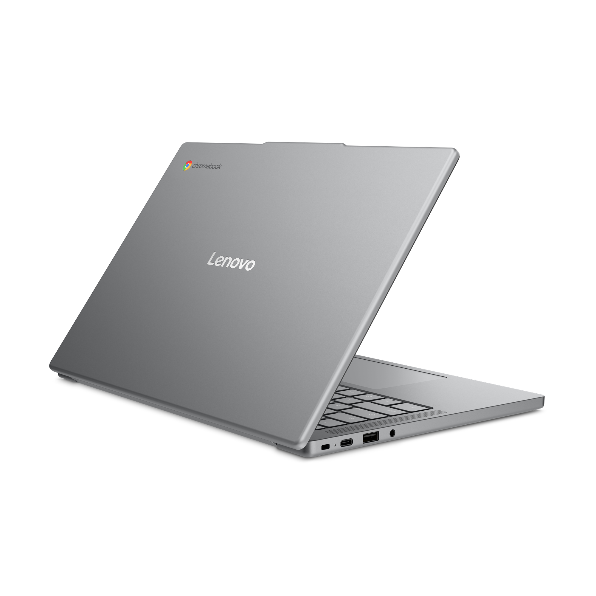 Ein silberner Lenovo Chromebook ist geöffnet und zeigt Tastatur und Anschlüsse. Der Deckel hat das Chromebook-Logo.