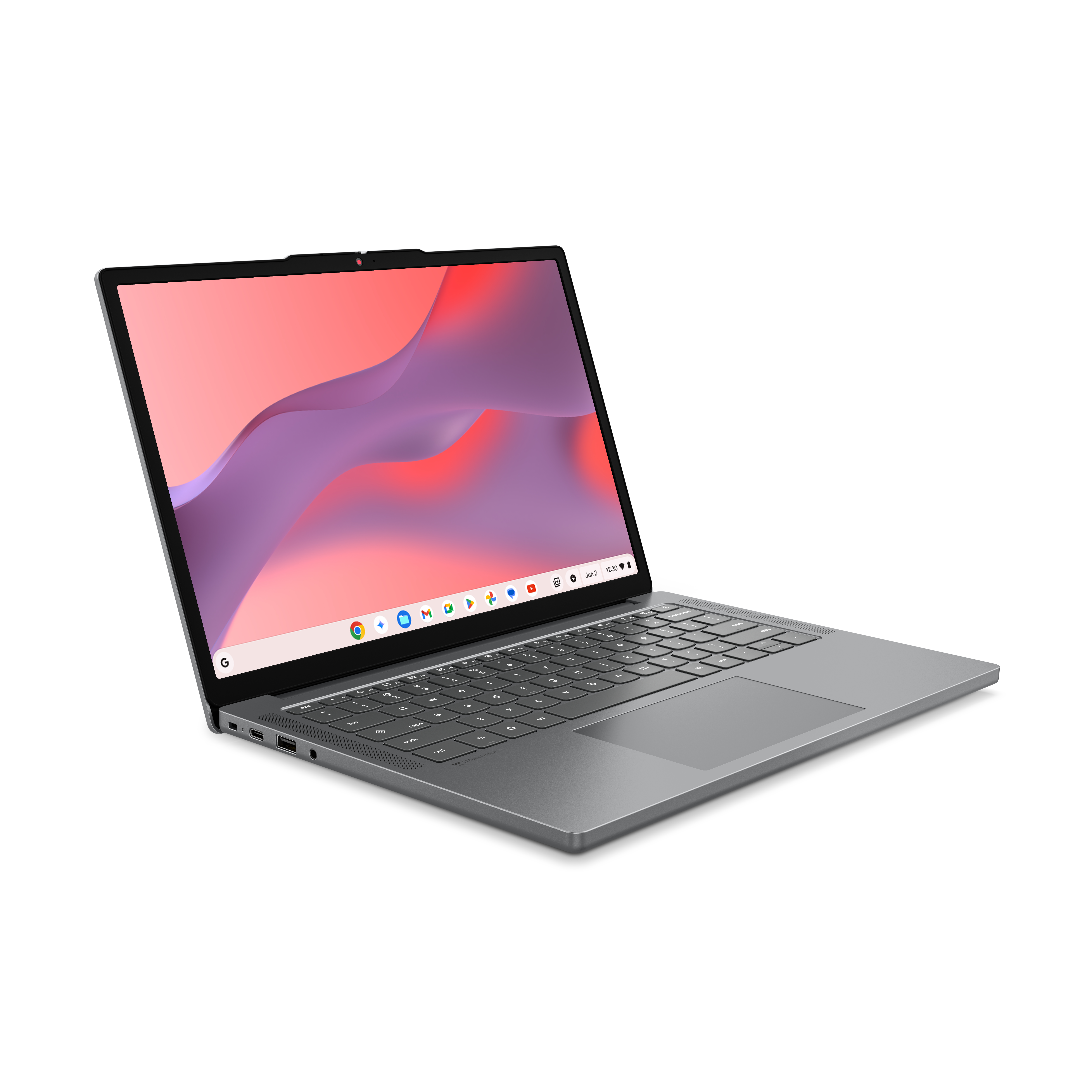 Ein silberner Laptop mit geöffnetem Bildschirm, auf dem ein bunter Hintergrund zu sehen ist.