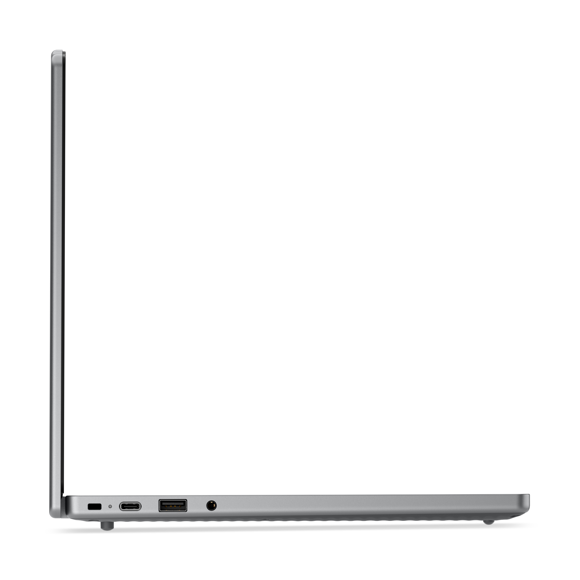 Silberner Laptop Seitenansicht, zeigt USB-C, USB-A und Audio-Ports.