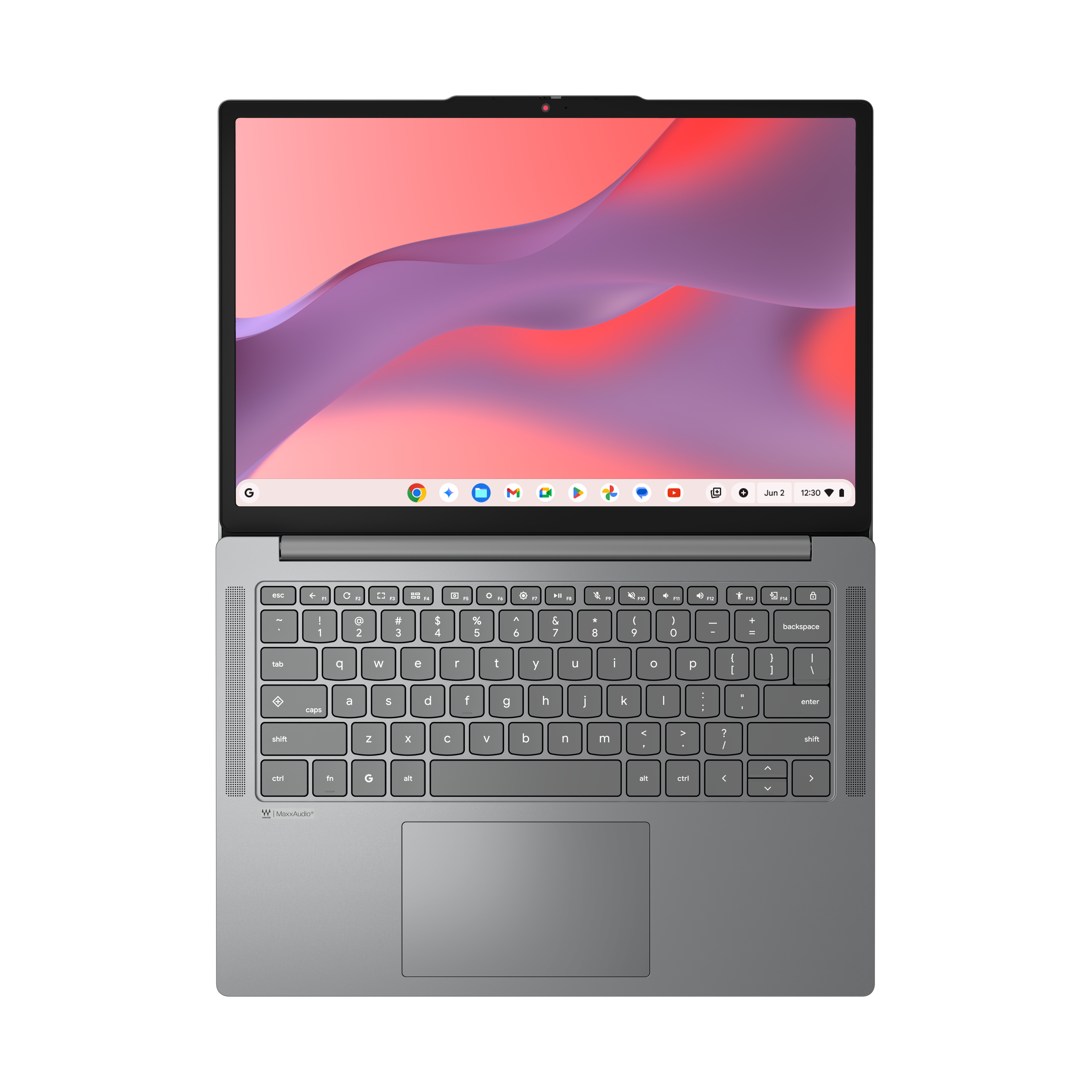 Ein offener Laptop in Grau mit lila-rotem Hintergrundbild.