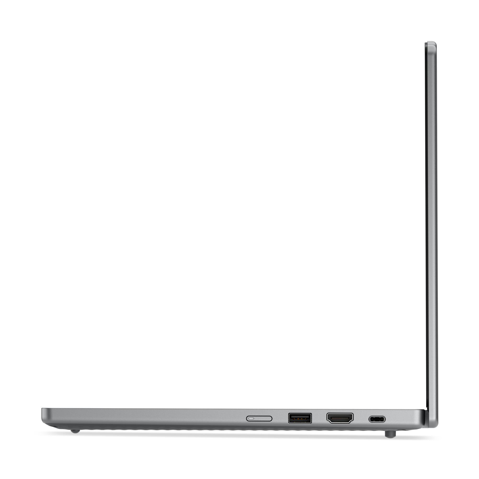 Silberner Laptop von der Seite mit Anschlüssen: USB, HDMI, USB-C.