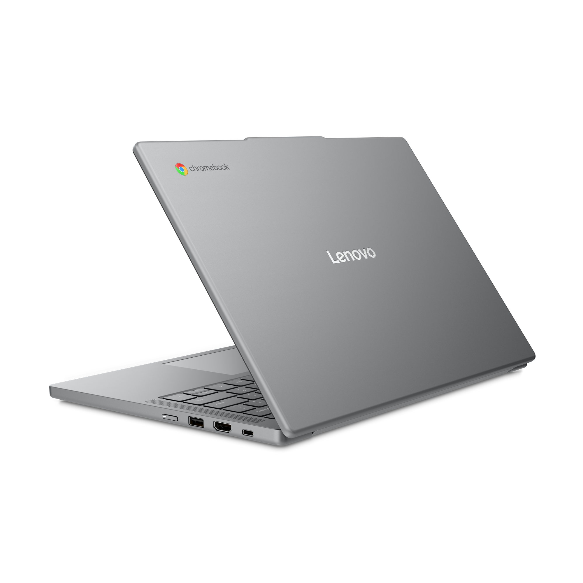 Ein silberner Lenovo Chromebook Laptop ist geöffnet, mit Tastatur und Anschlüssen sichtbar.