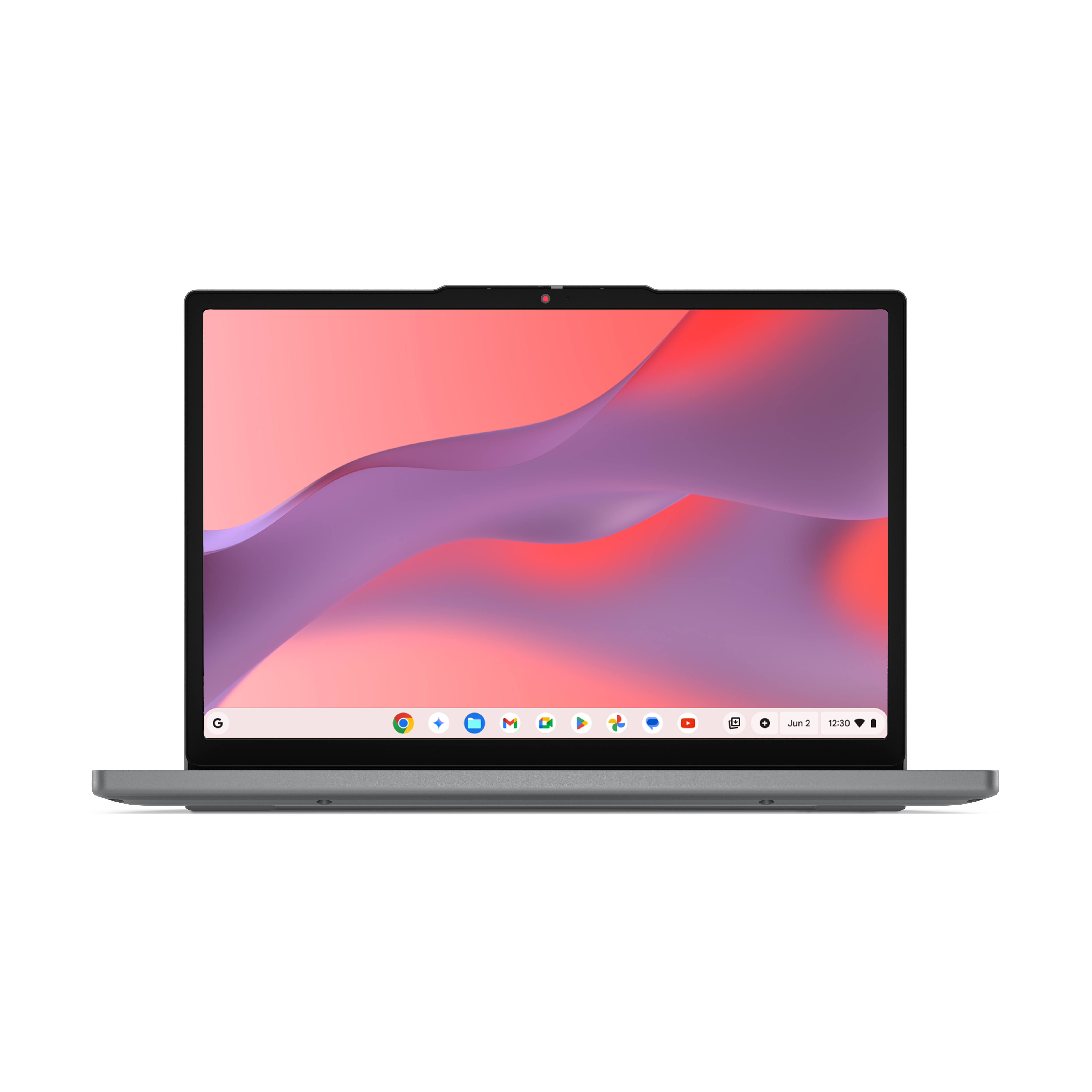 Ein graues Laptop mit einem abstrakten, farbenfrohen Hintergrund auf dem Bildschirm.