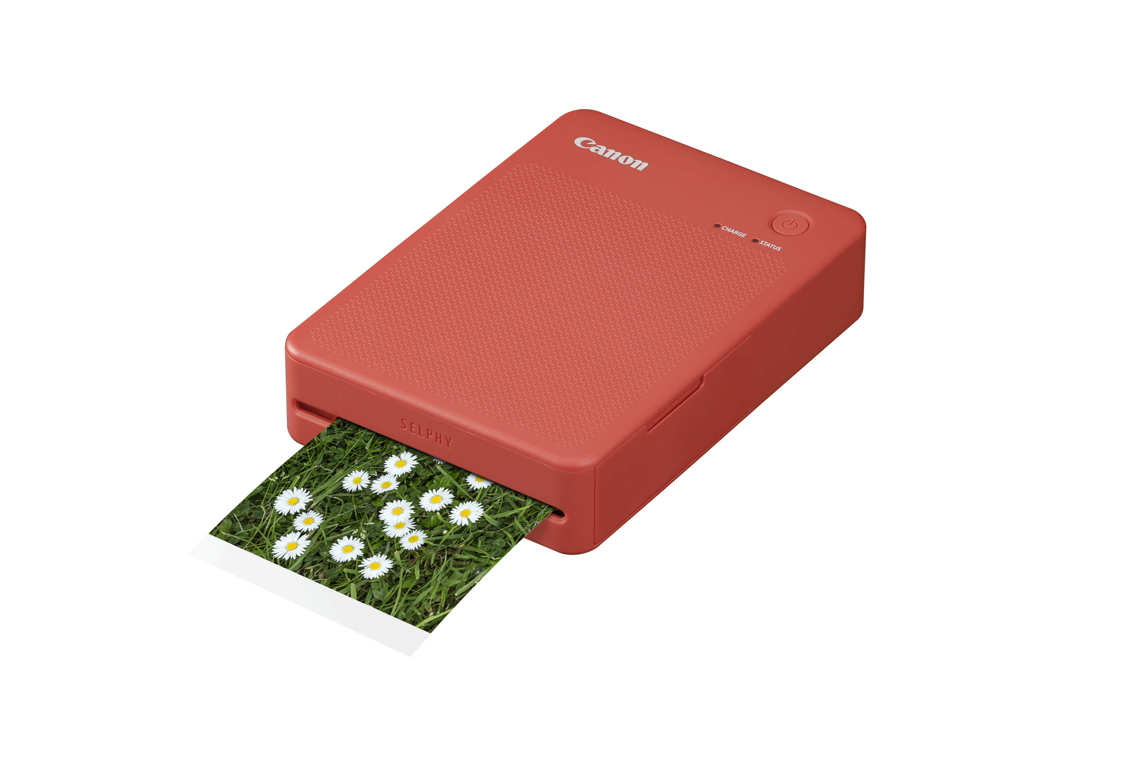 Czerwona drukarka Canon Selphy drukuje zdjęcie stokrotek na zielonej trawie.