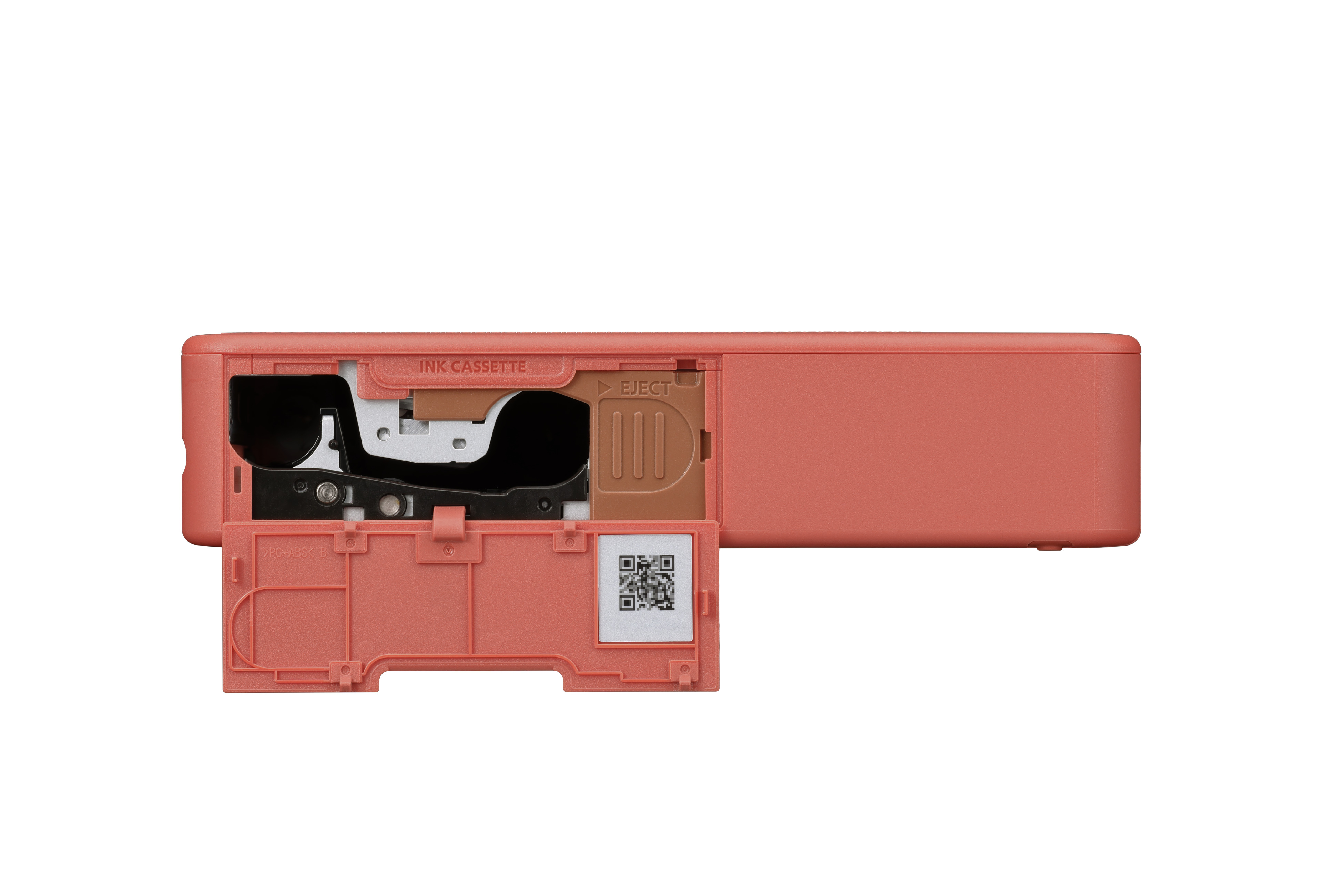 Urządzenie w kolorze koralowym z otwartym pojemnikiem na tusz i kodem QR.
