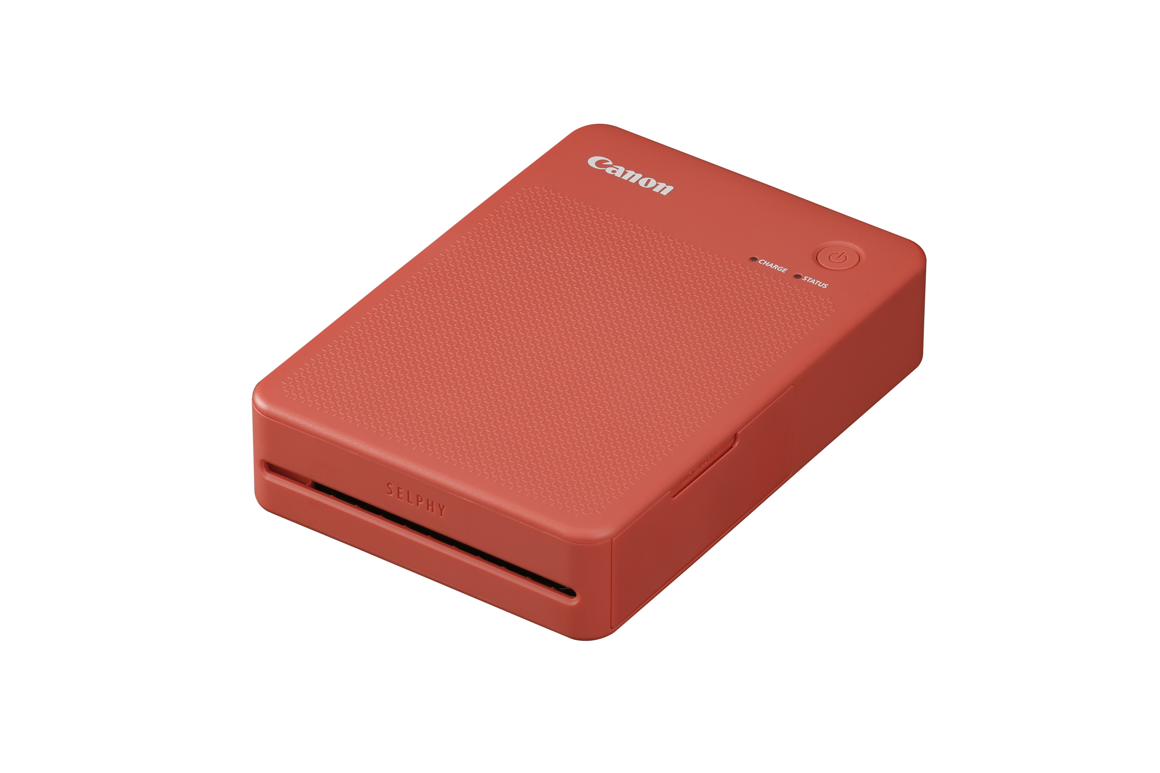 Koralowoczerwona drukarka Canon SELPHY ze wskaźnikami zasilania i statusu.