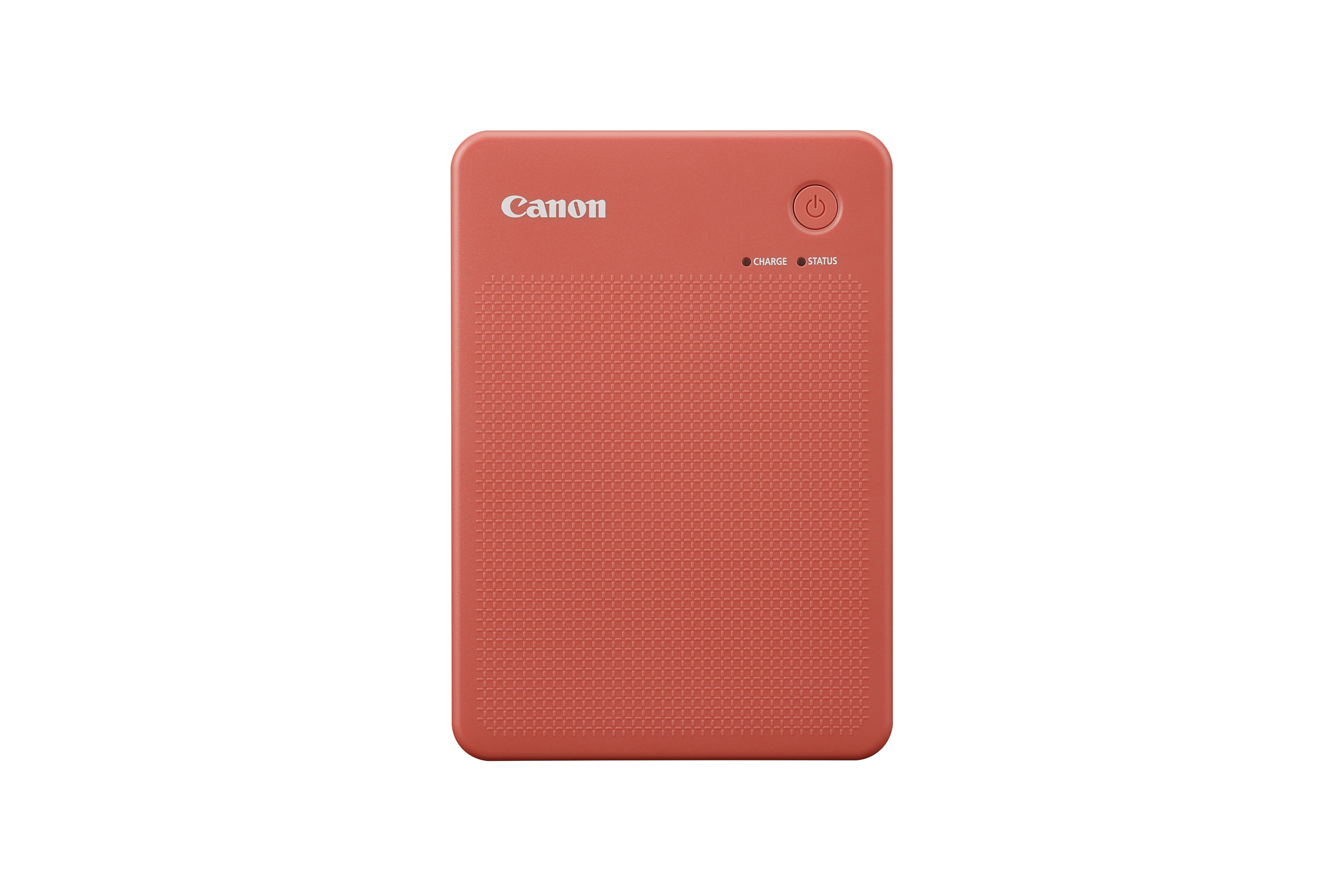Koralowa drukarka Canon z przyciskiem zasilania i wskaźnikami ładowania/stanu.