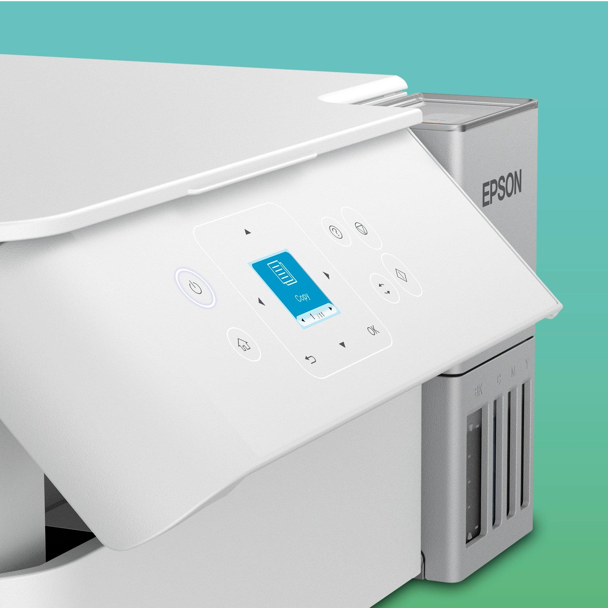 Biała drukarka Epson z niebieskim ekranem pokazującym 'Kopiuj'.
