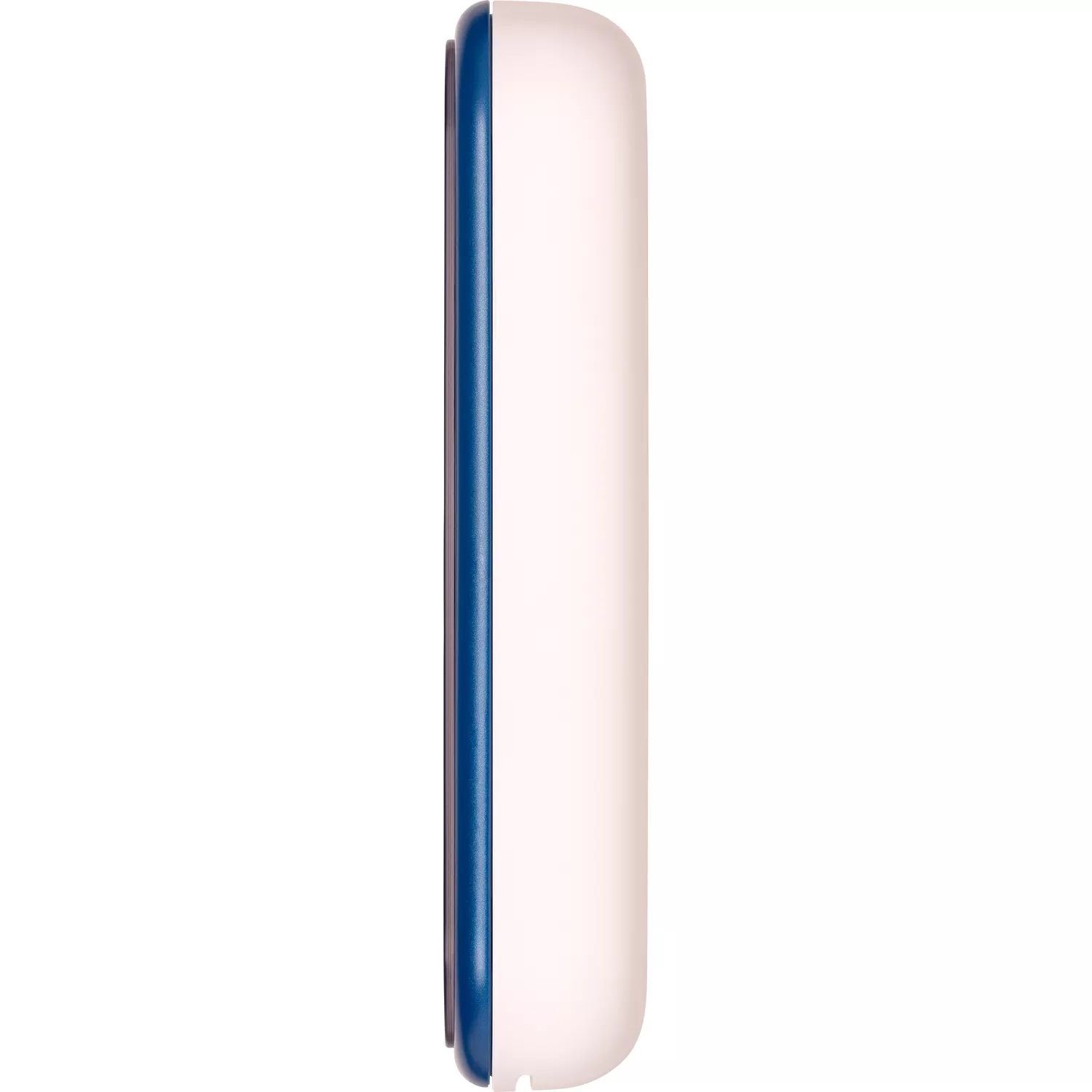 Jasnoróżowe urządzenie z niebieską krawędzią, widziane z boku.