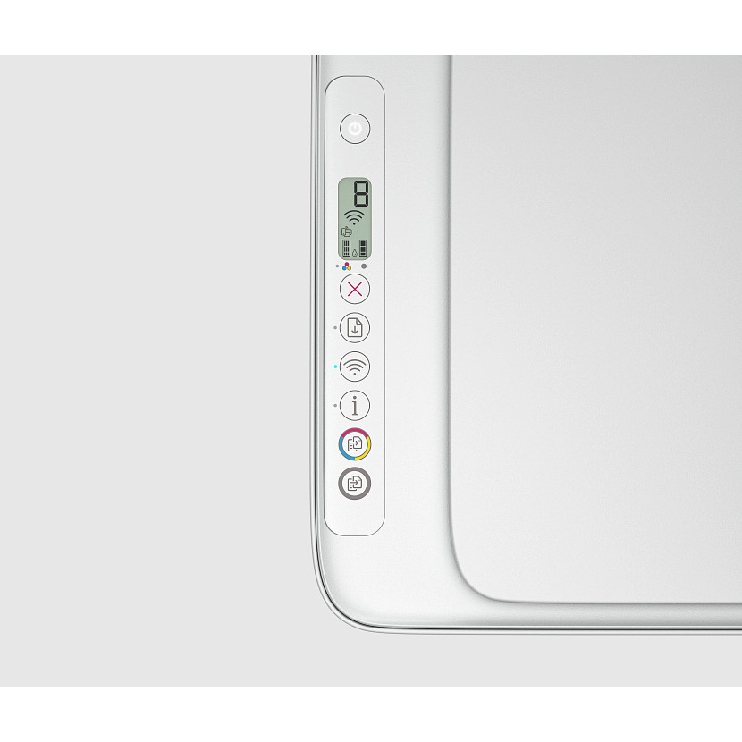 Zbliżenie na panel sterowania drukarki: wyświetlacz, przycisk zasilania, X, pobieranie, Wi-Fi, info, ikony.