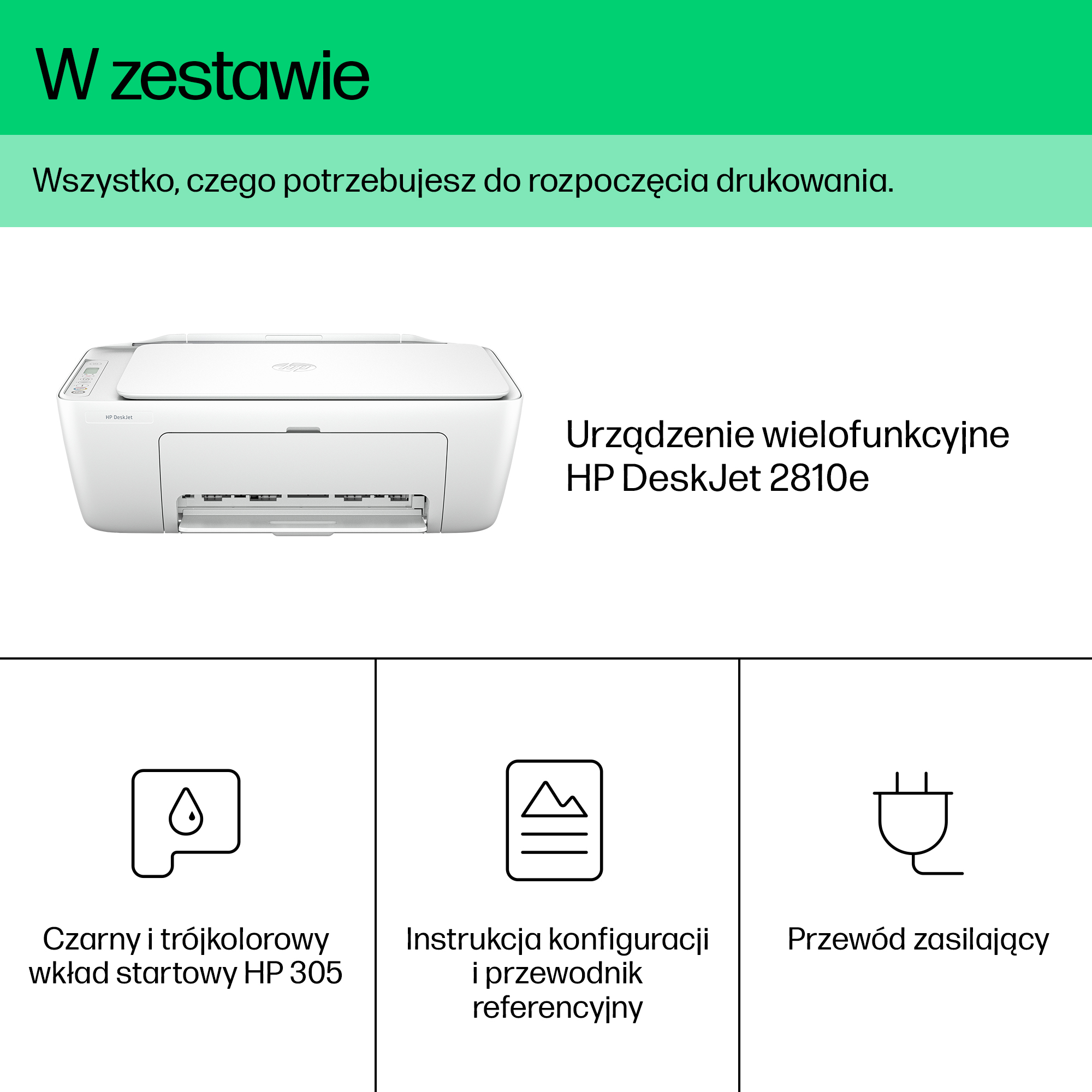 Białe urządzenie wielofunkcyjne HP DeskJet 2810e z akcesoriami.