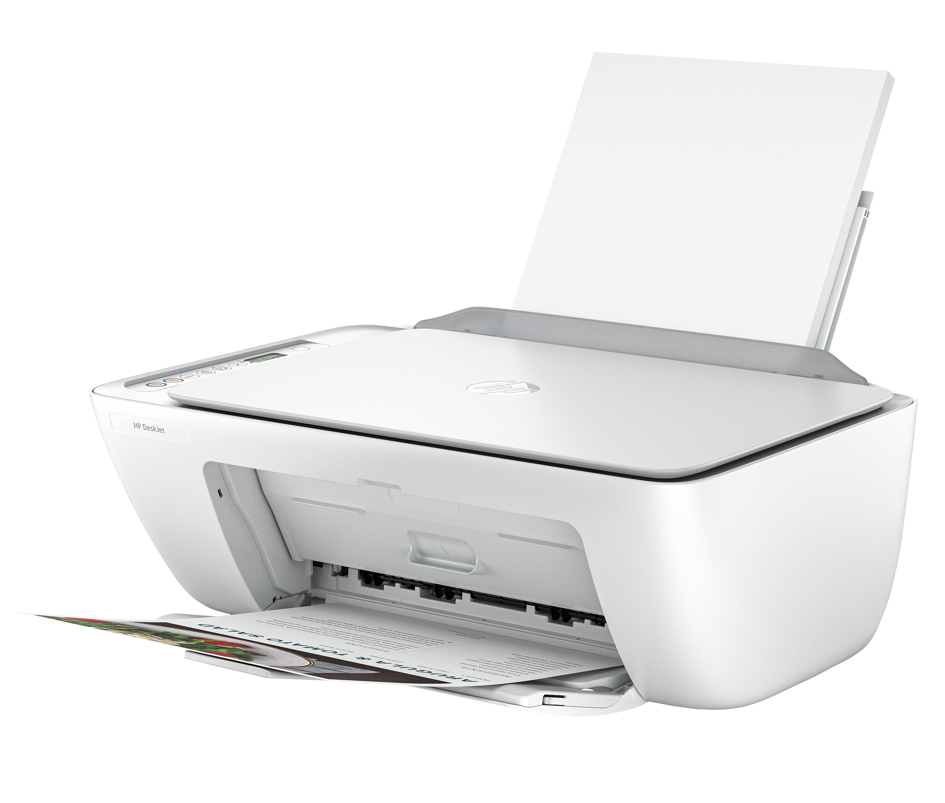 Biała drukarka HP Deskjet z papierem w podajniku i na tacce wyjściowej.