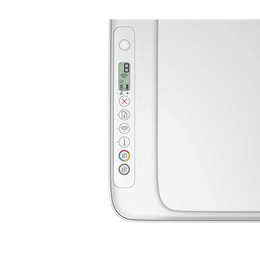 Zbliżenie białego panelu sterowania drukarki z ekranem LCD.