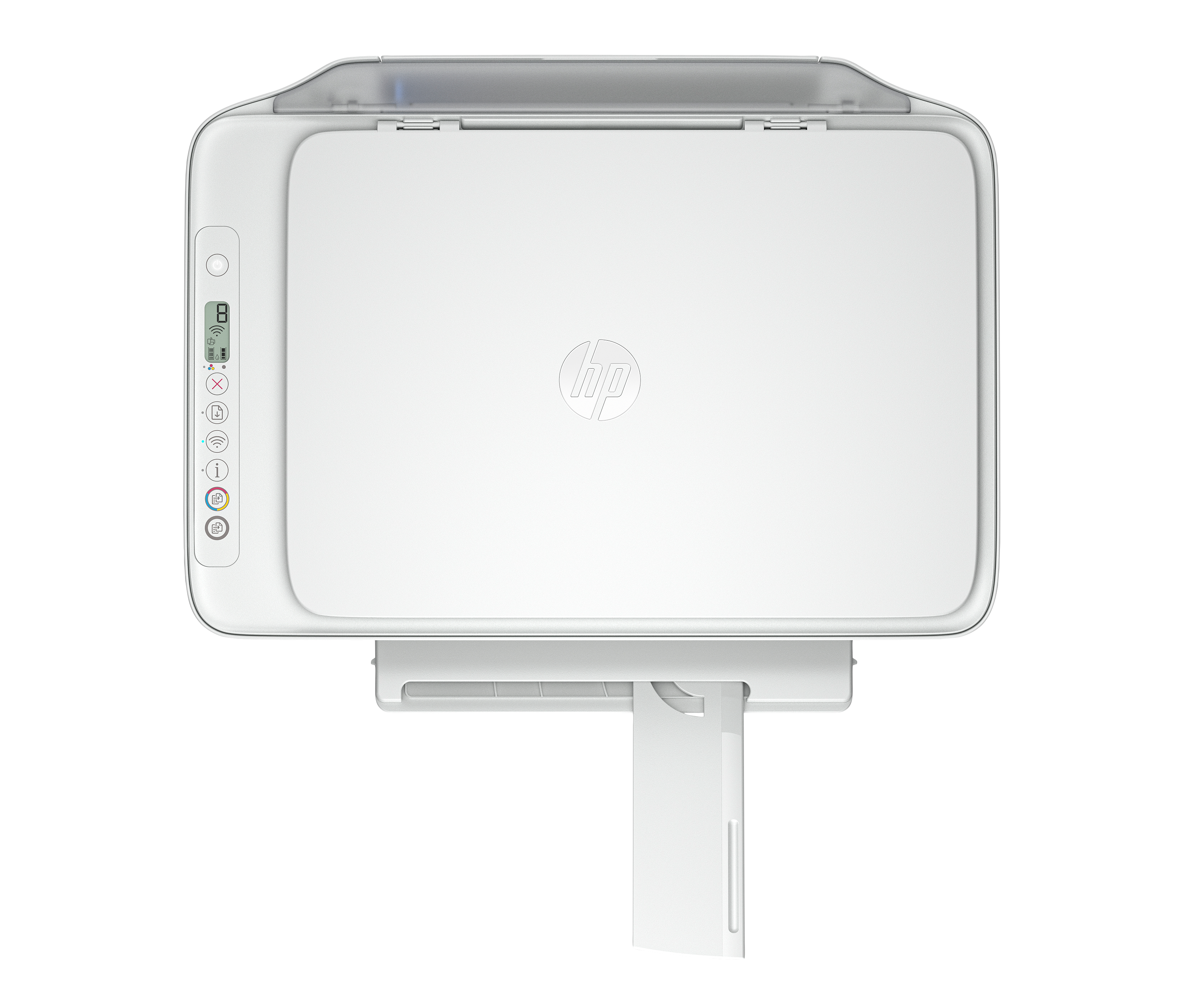 Biała drukarka HP z wysuniętą szufladą wyjściową papieru, czarne tło.