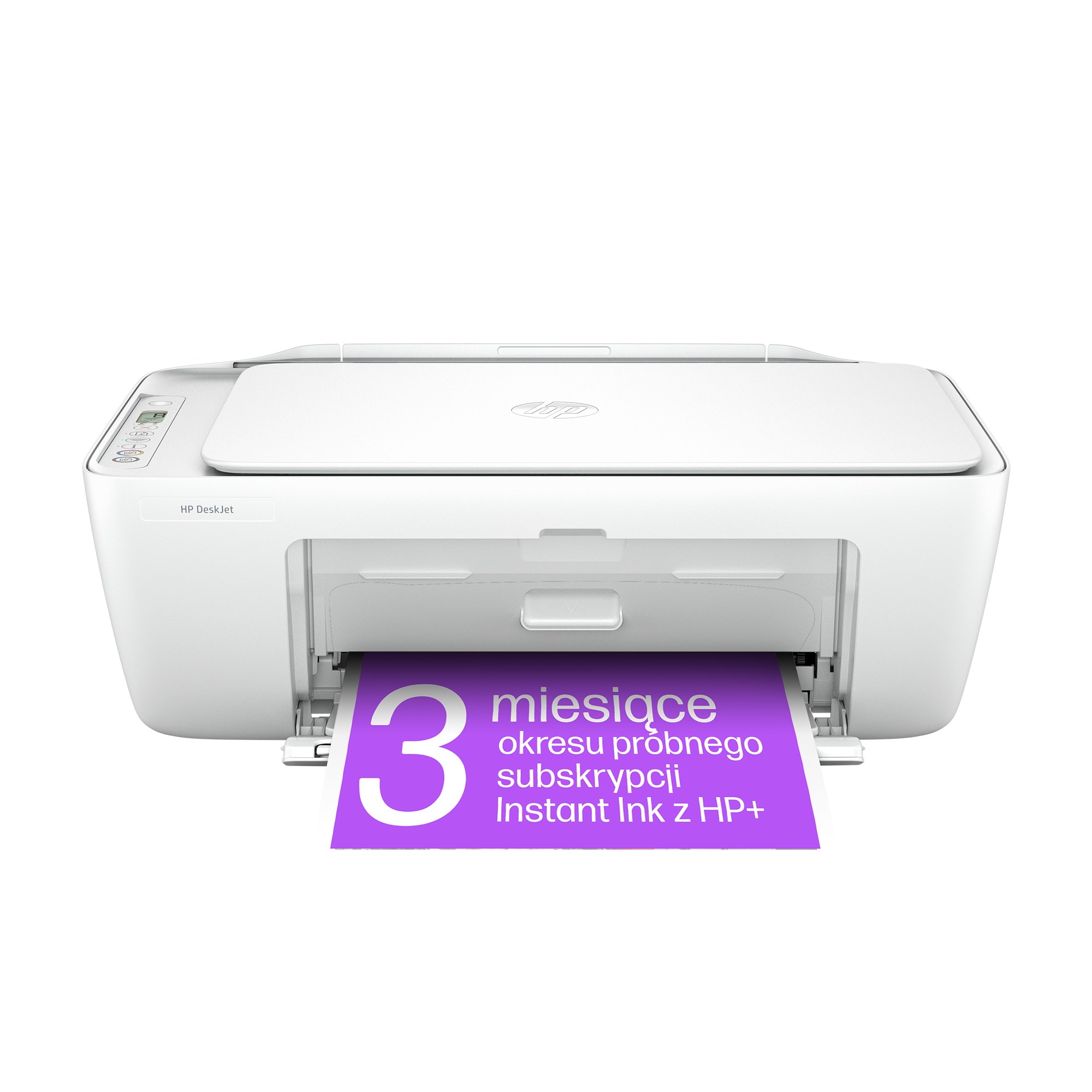 Biała drukarka HP DeskJet z fioletową kartką pokazującą 