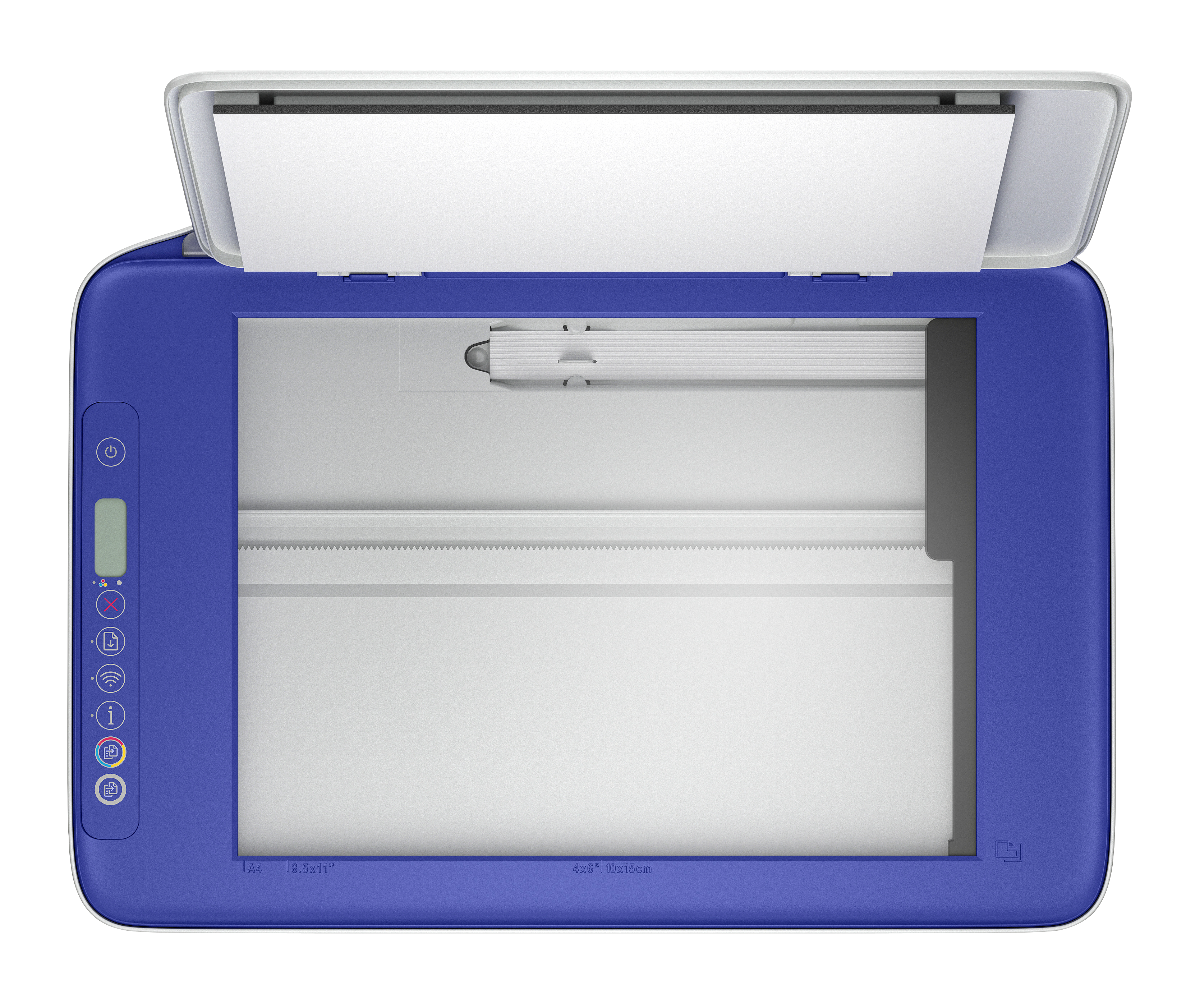 Niebieska drukarka z otwartą pokrywą, pokazująca kartkę papieru.