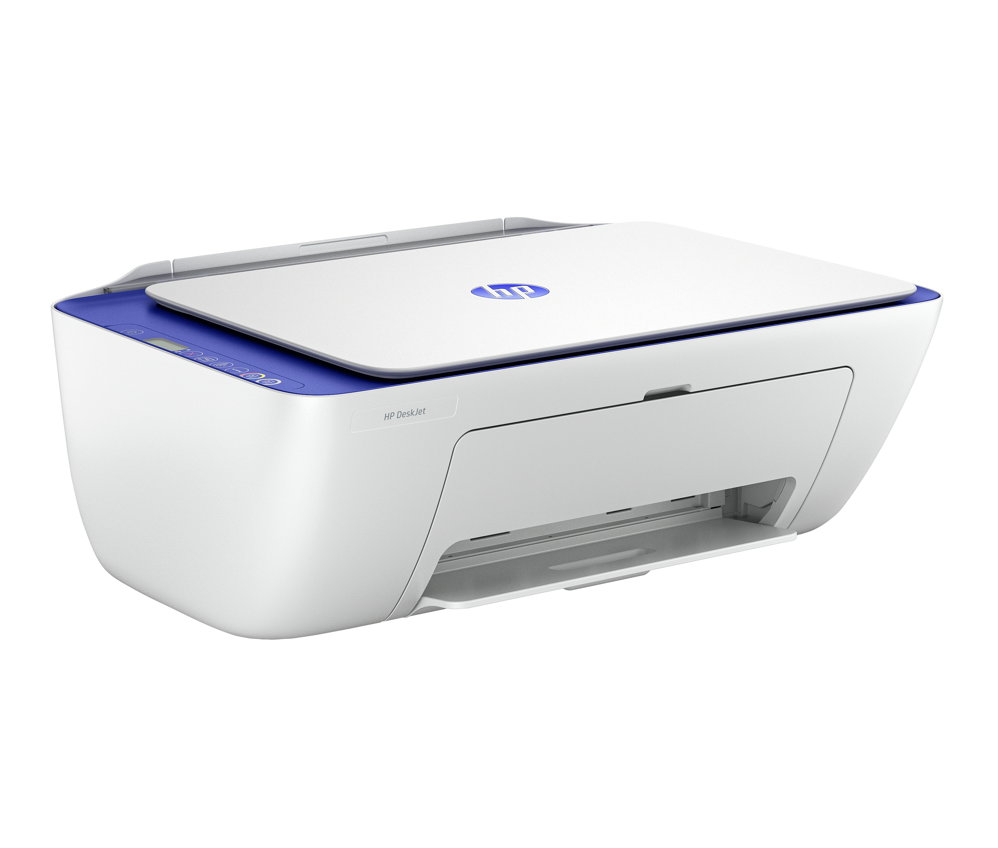 Biała drukarka HP DeskJet z niebieskimi akcentami na czarnym tle.