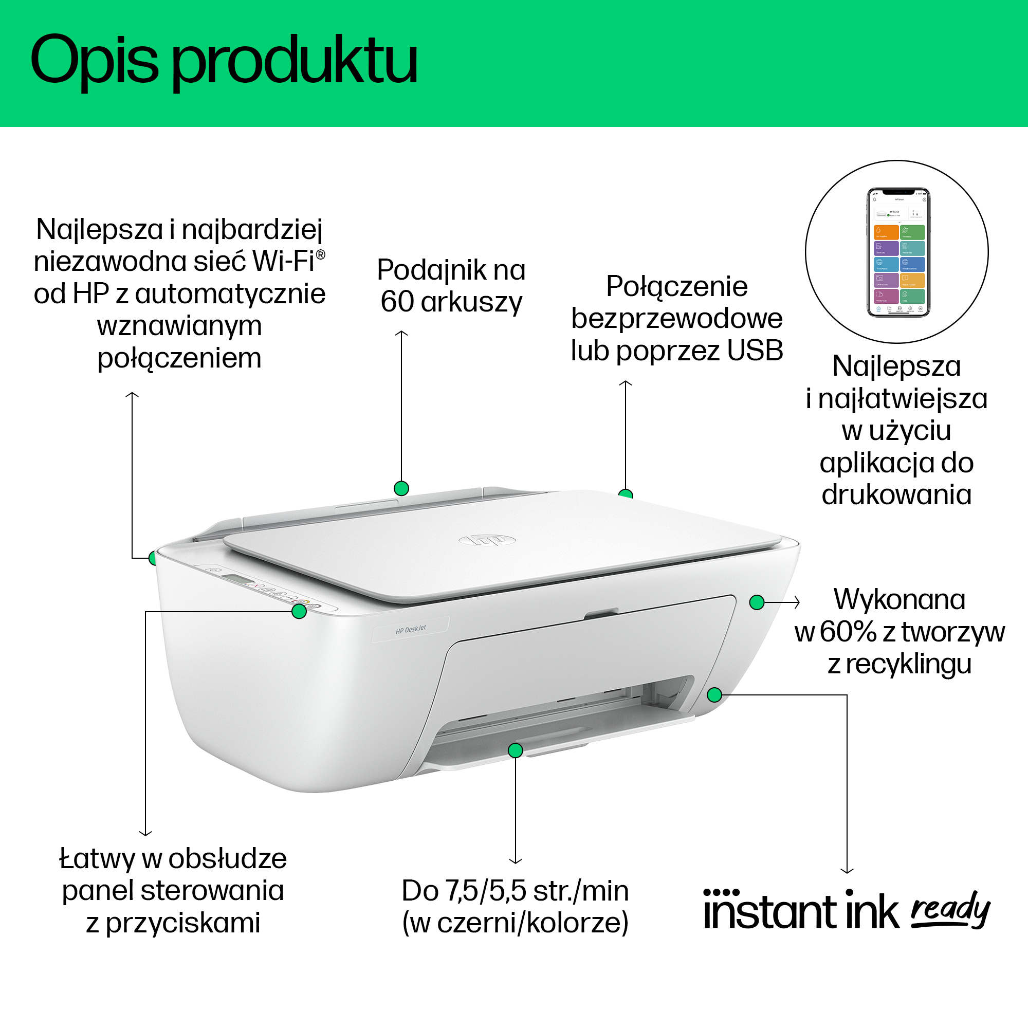 Biała drukarka HP DeskJet z opisami funkcji: Wi-Fi, podajnik na 60 arkuszy, USB, aplikacja i materiały z recyklingu.