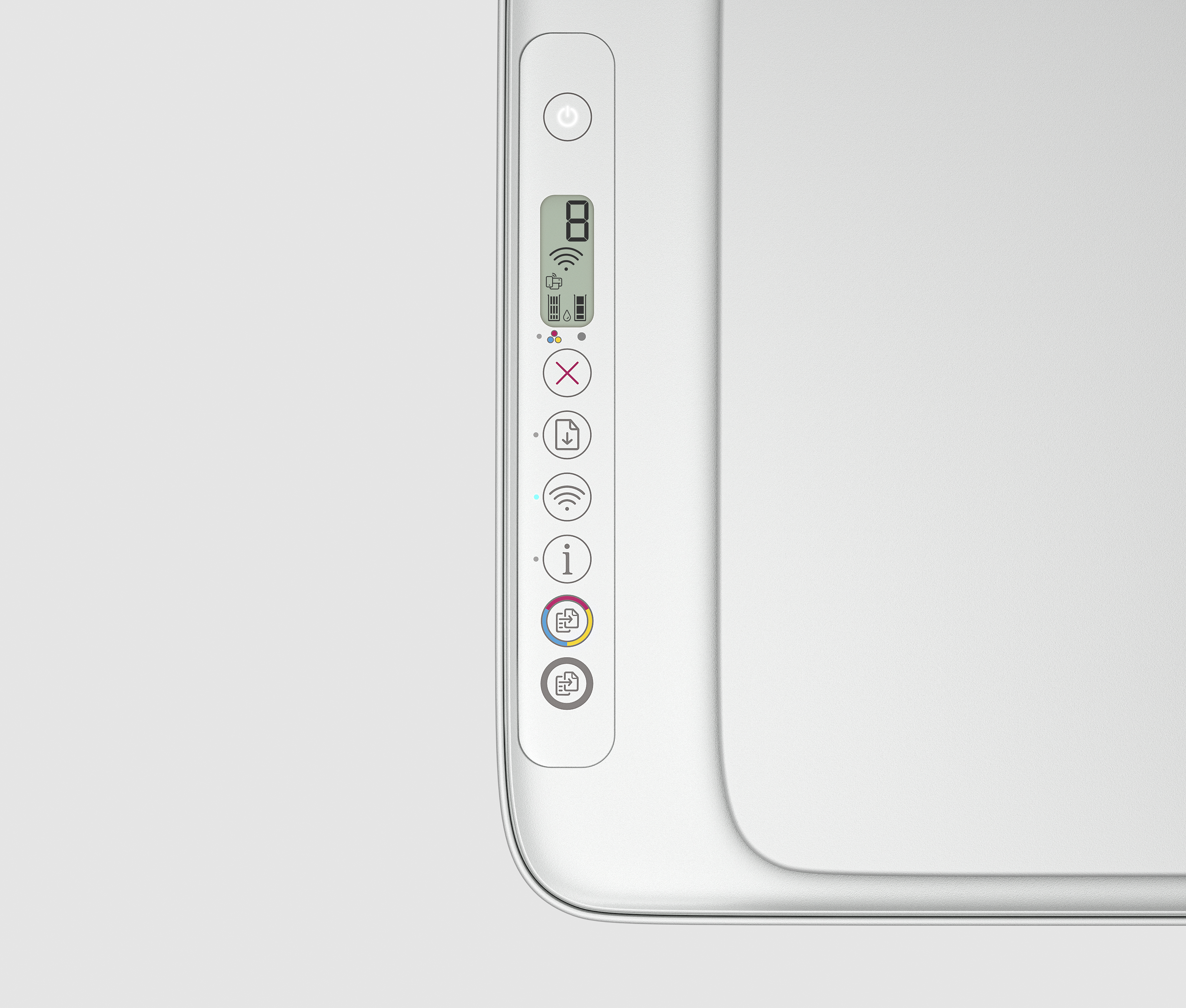 Zbliżenie panelu sterowania białej drukarki z ikonami i ekranem.