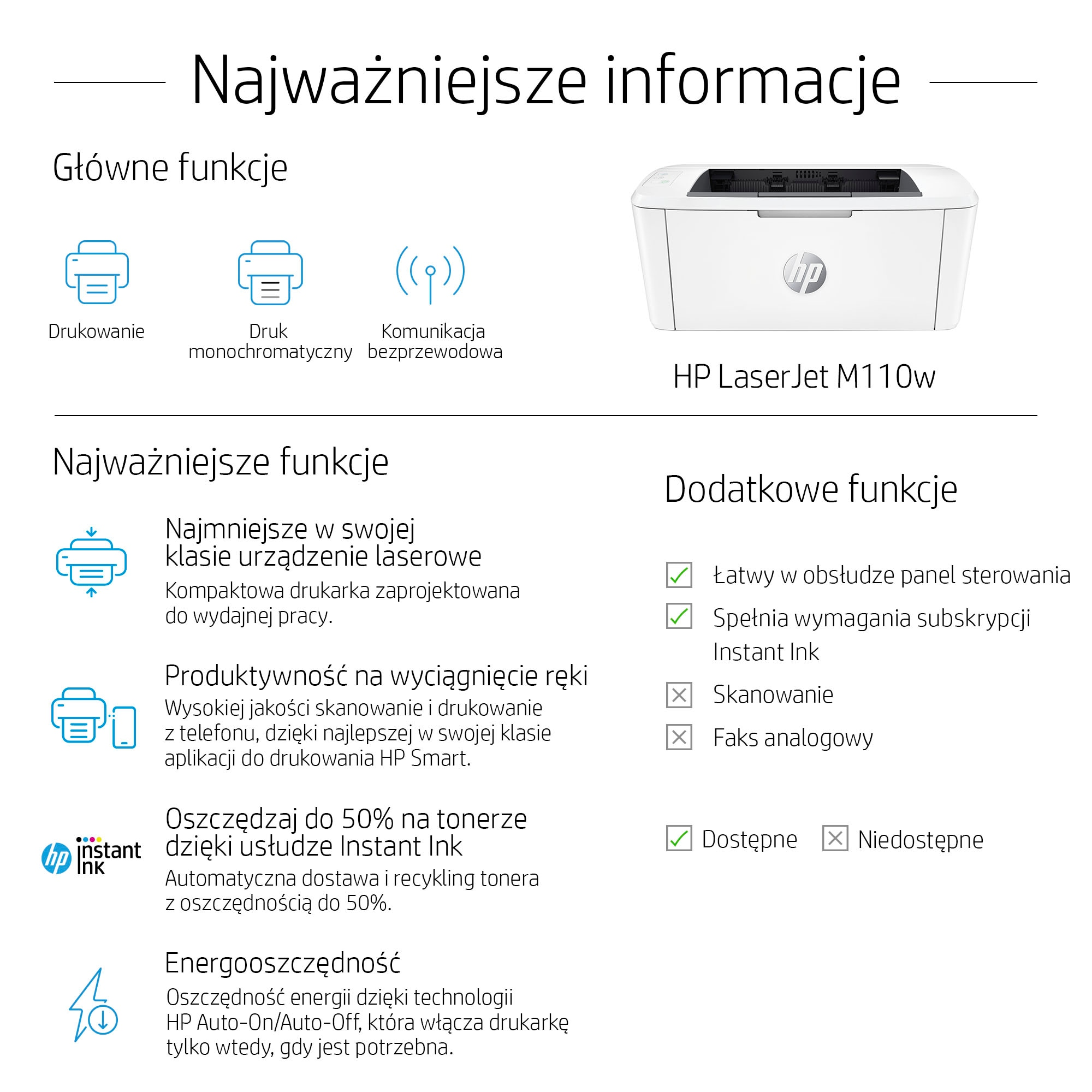 Biała drukarka HP LaserJet M110w z funkcjami drukowania, druku mono i Wi-Fi.