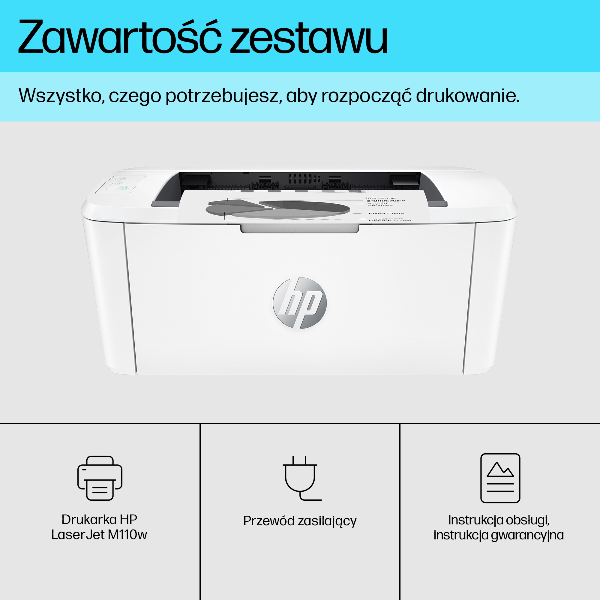 Biała drukarka HP LaserJet z logo HP i wydrukowanym arkuszem.