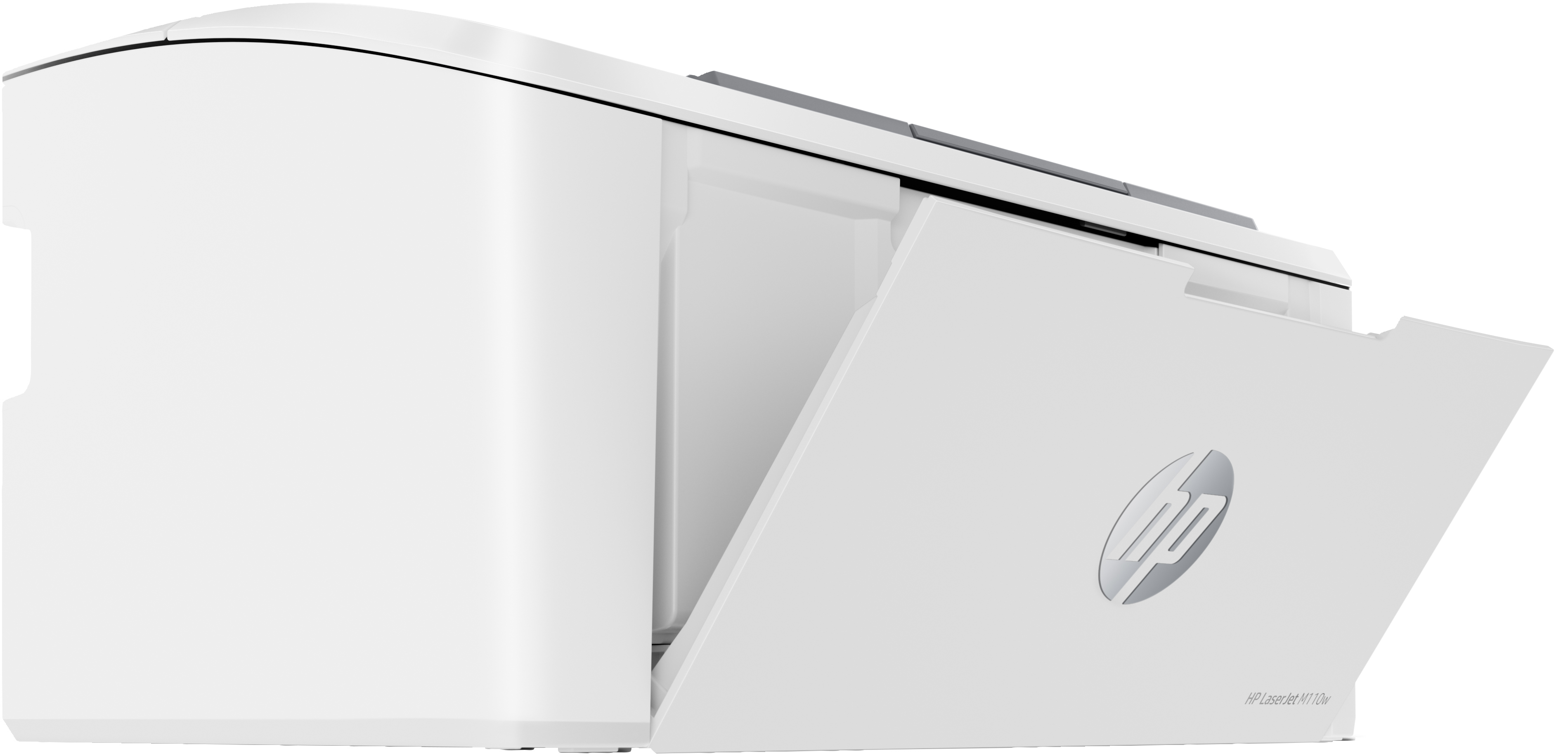 Biała drukarka HP LaserJet M110w z otwartą tacką na papier i srebrnym logo HP.