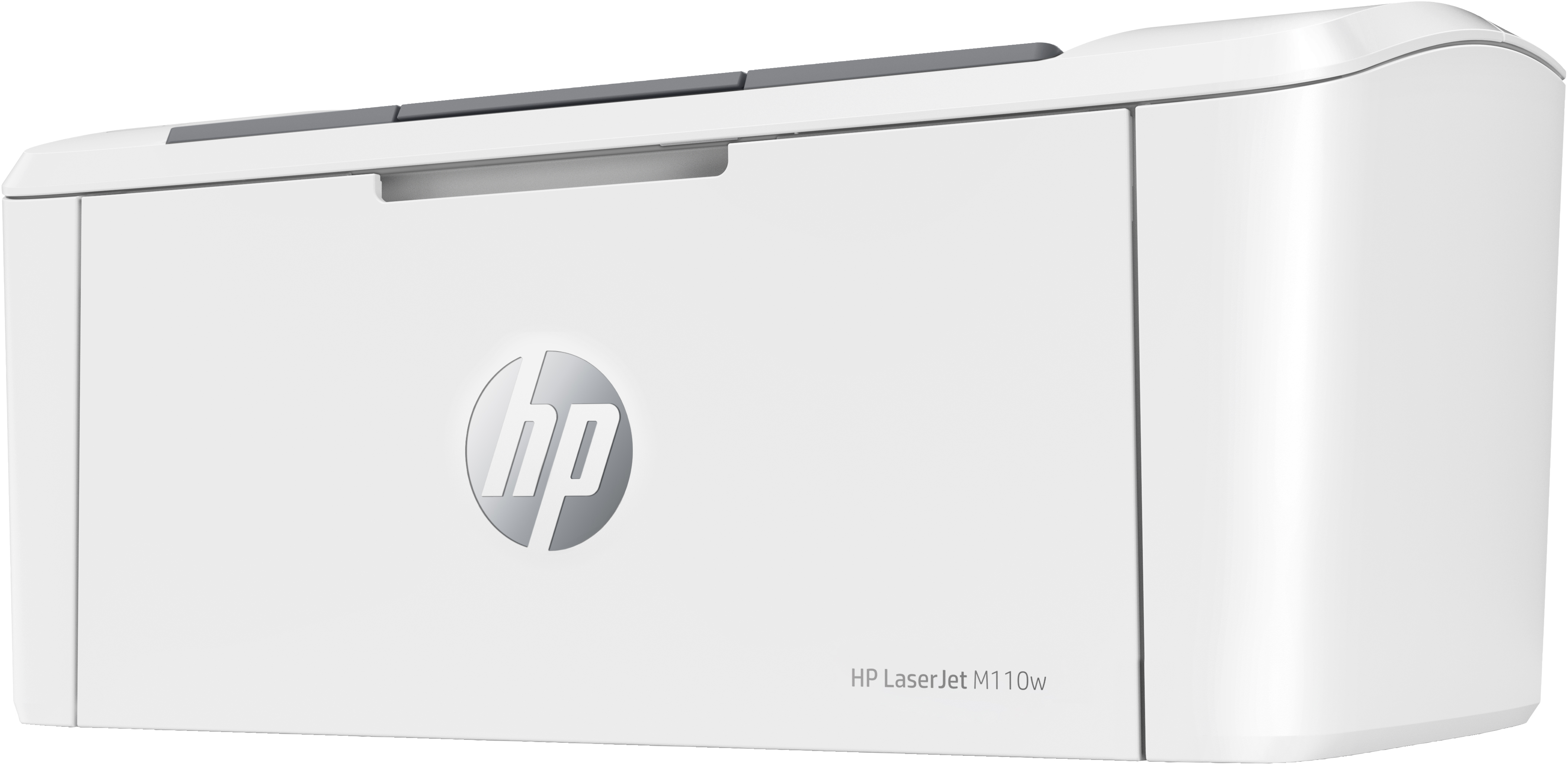 Biała drukarka HP LaserJet M110w z szarymi akcentami.