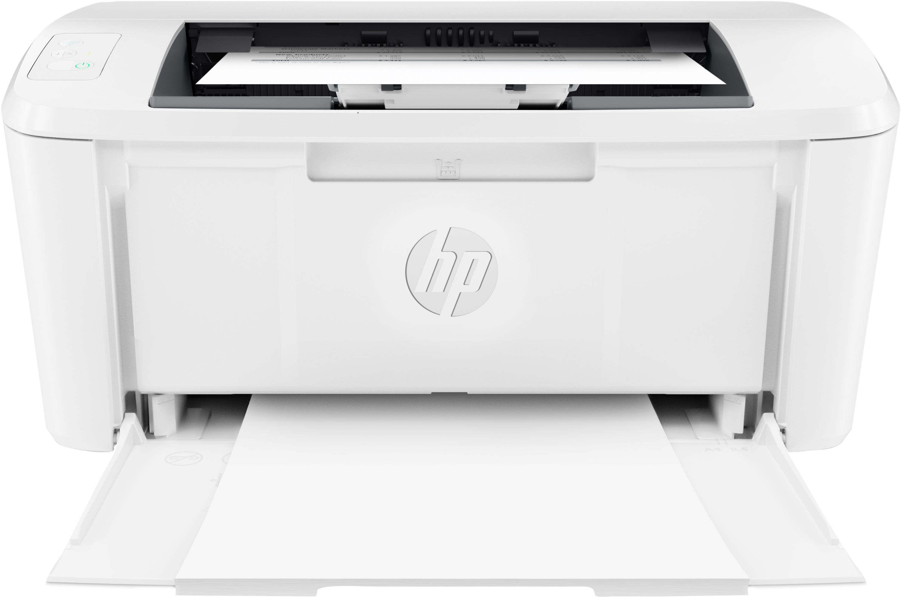 Biała drukarka HP z wysuniętą tacką na papier.