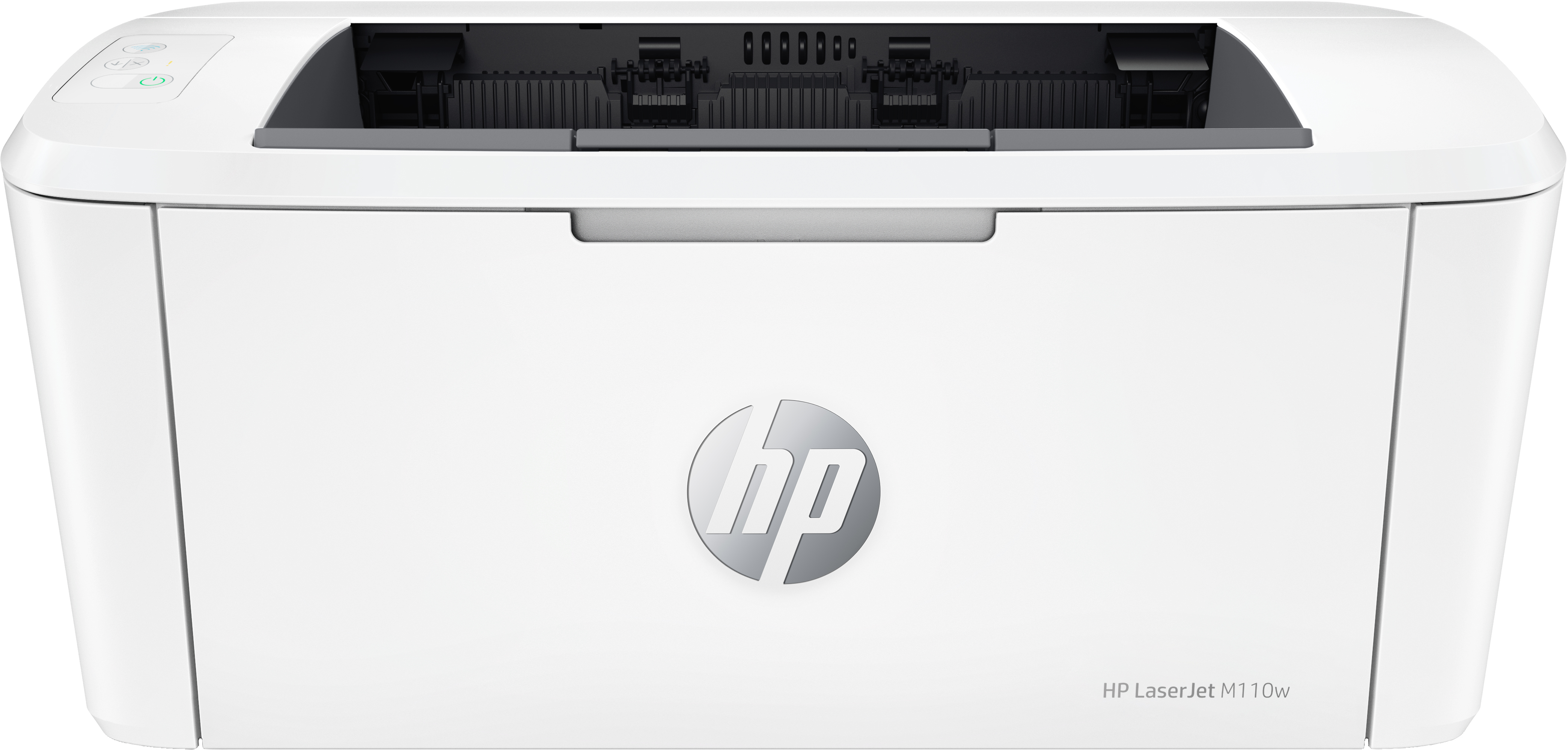 Biała drukarka HP LaserJet M110w z srebrnym logo HP.