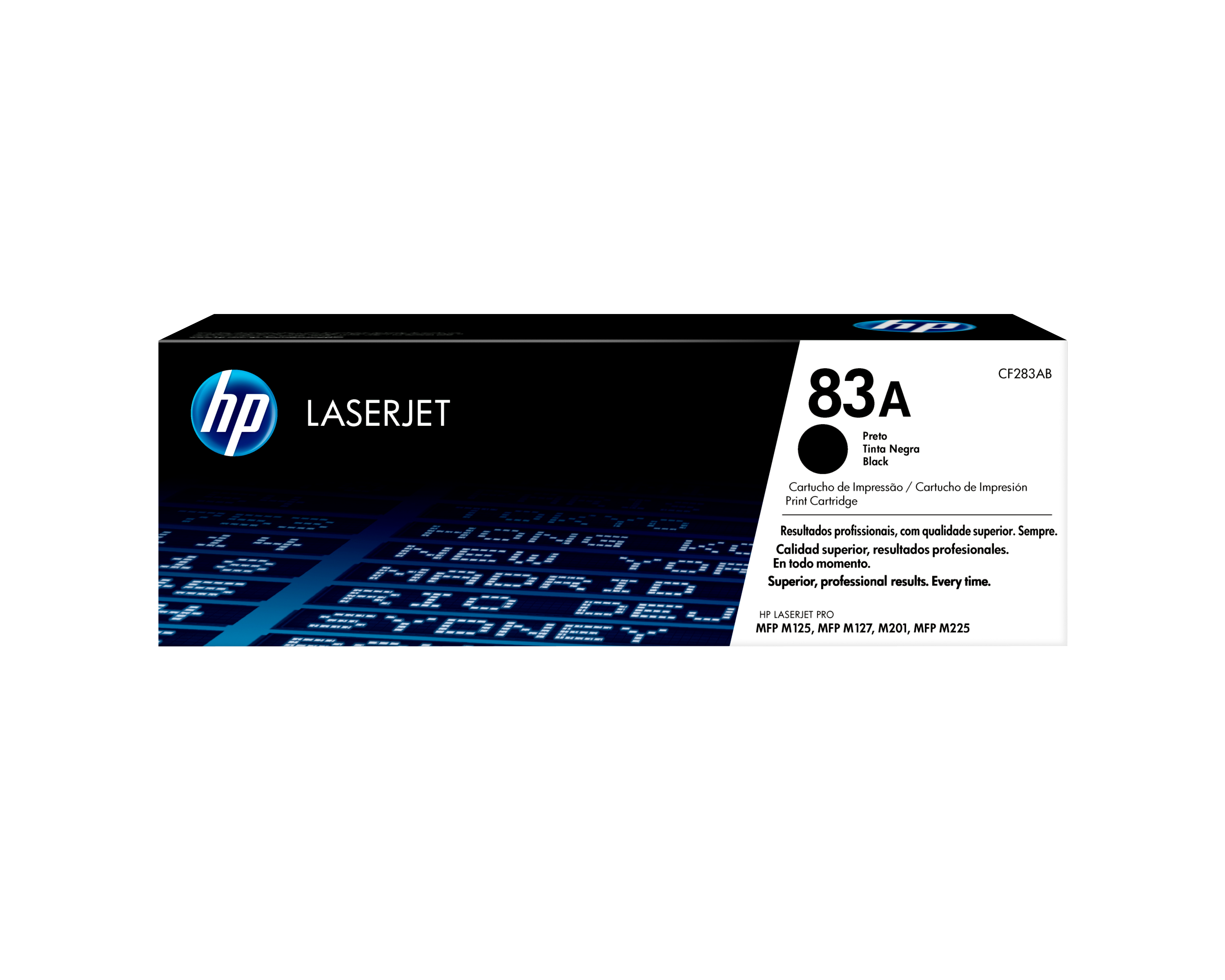 Czarny tusz HP LaserJet 83A z widokiem miasta w tle.